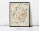 The image is a framed vintage map of Mount Desert Island, Maine, depicting the island's geographical features and surrounding areas.