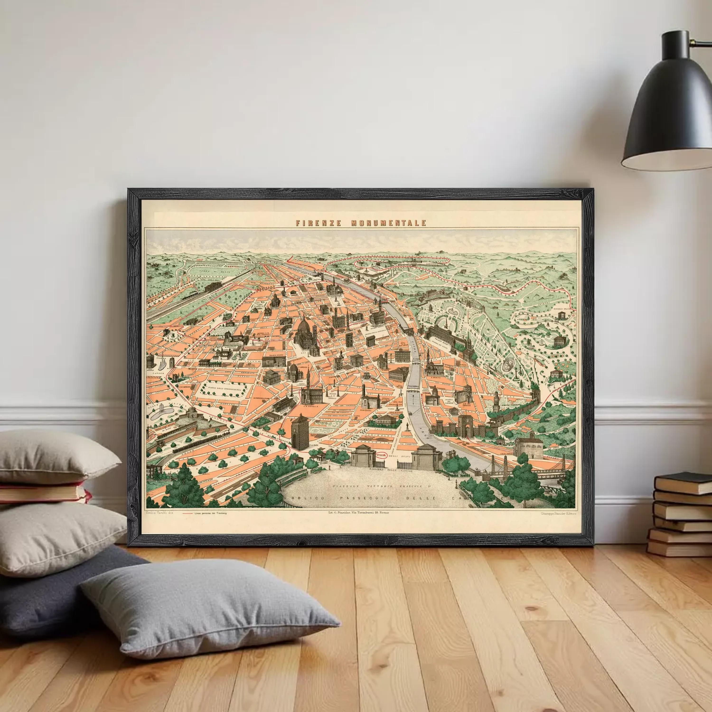 The image is a framed vintage map of a city, depicting a detailed and colorful cityscape with various buildings, roads, and natural elements.