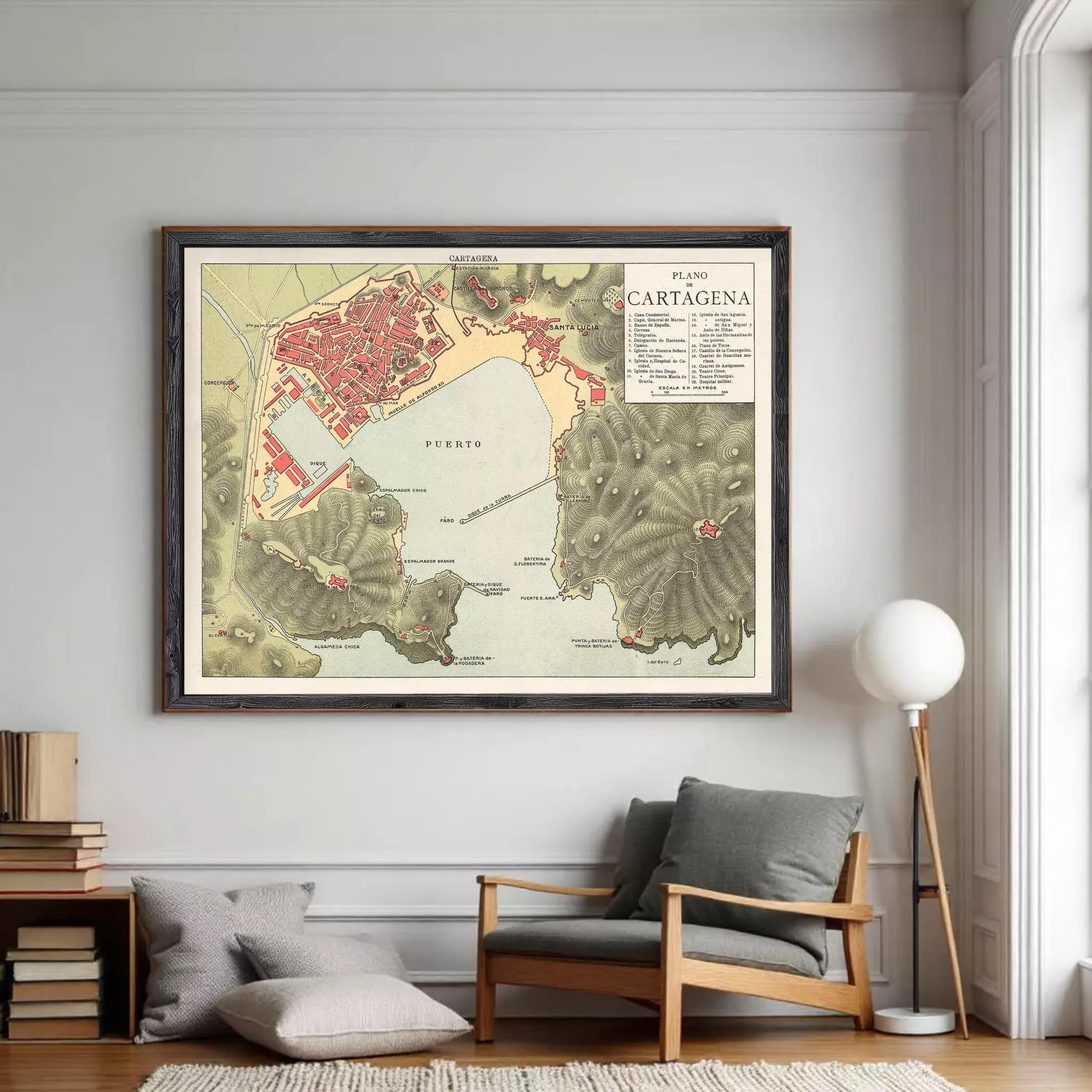 The image is a framed vintage map of Cartagena, Colombia, showing the city's layout and surrounding areas.