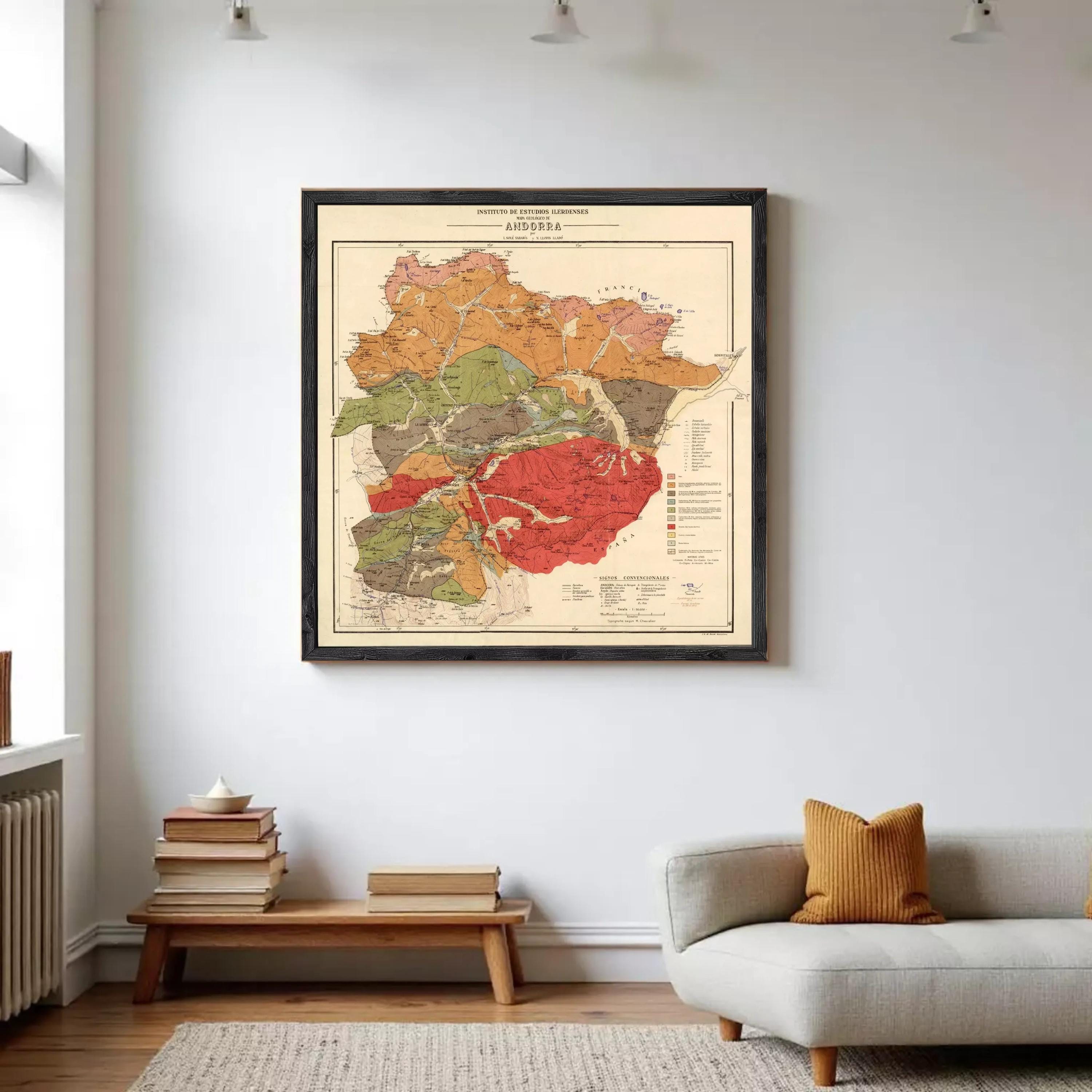 The image is a framed vintage geological map of the Andorra region, depicting various geological features and zones.