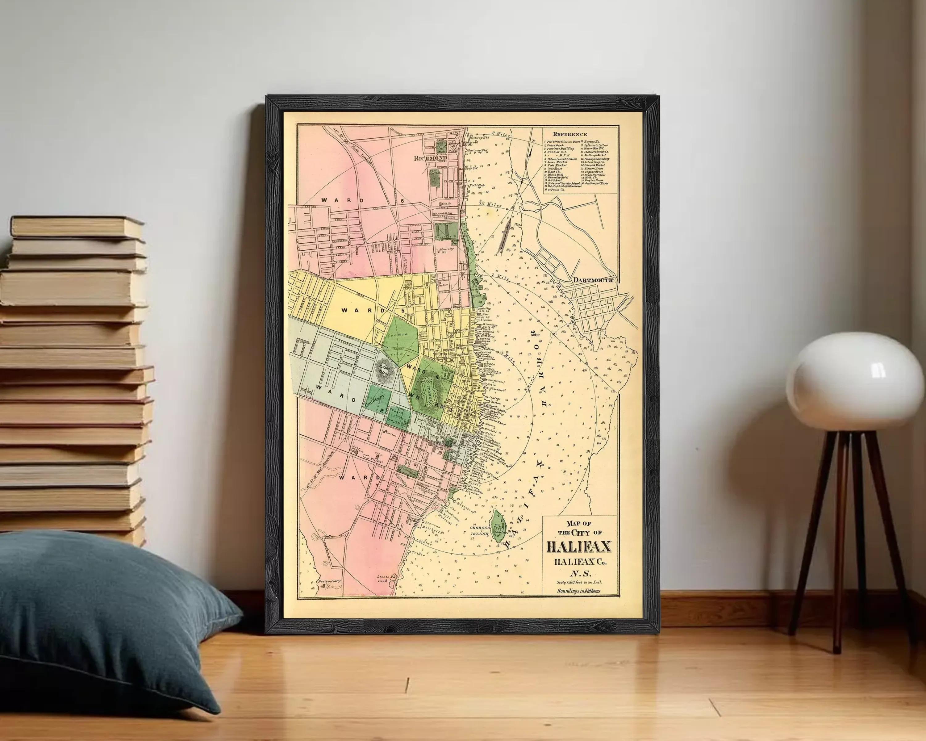 The image is a framed vintage map of the city of Halifax, Nova Scotia, Canada.