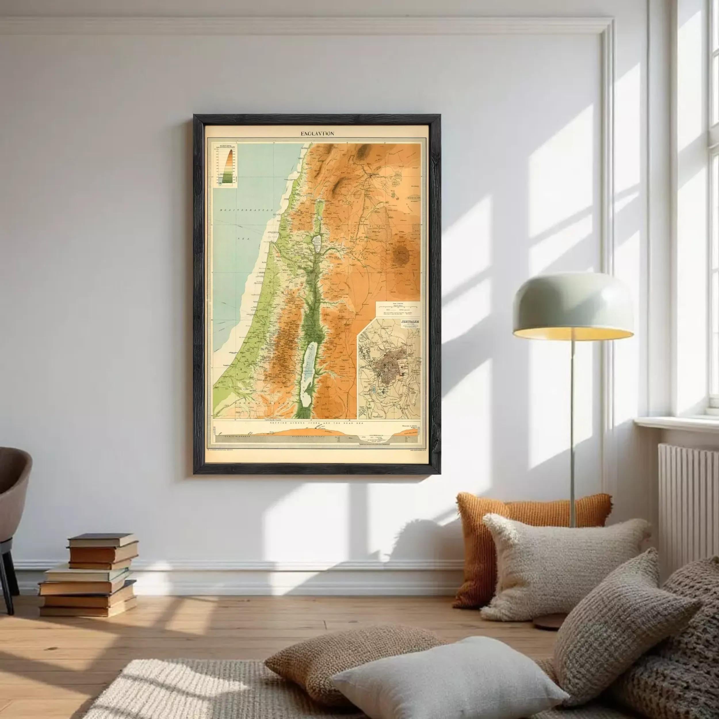 The image is a framed vintage map of the Middle East, depicting various geographical features and locations.
