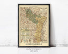 The image is a framed vintage map of a region, likely a country or region, with detailed road networks and various geographical features.