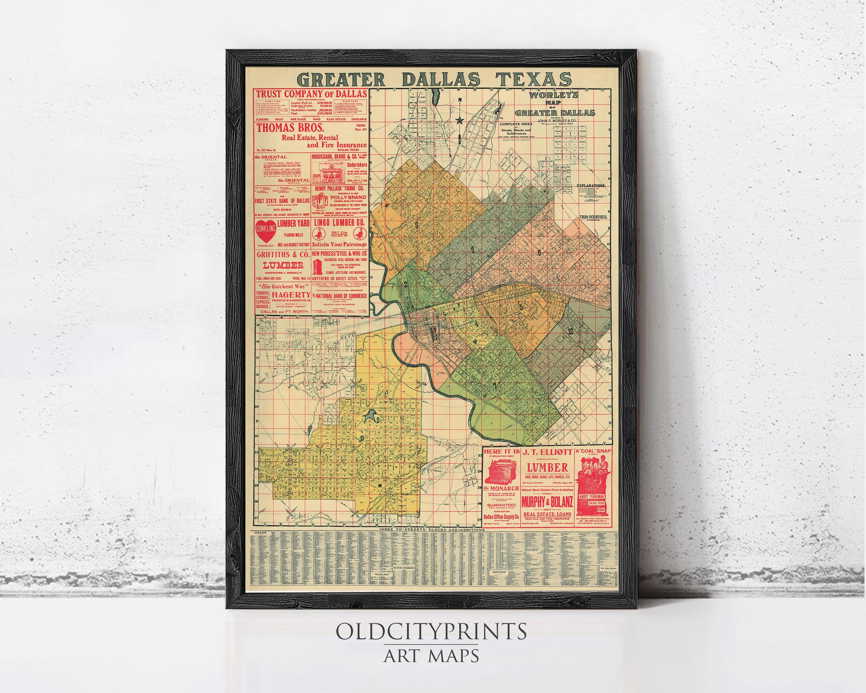 The image is a framed vintage map of Greater Dallas, Texas, showing the city's boundaries and surrounding areas.