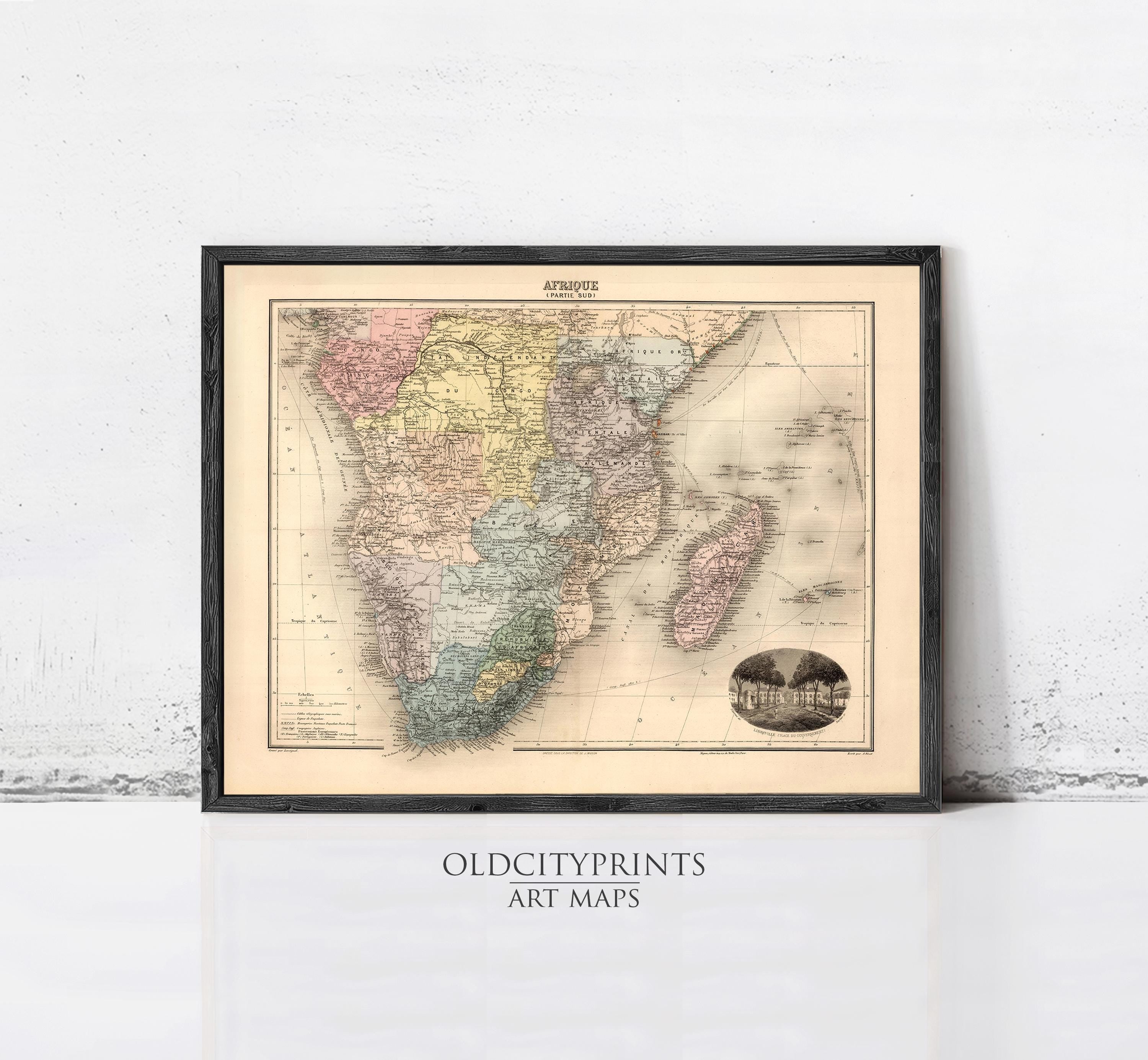 The image is a framed antique map of Africa, specifically South Africa, with a vintage style and color palette.