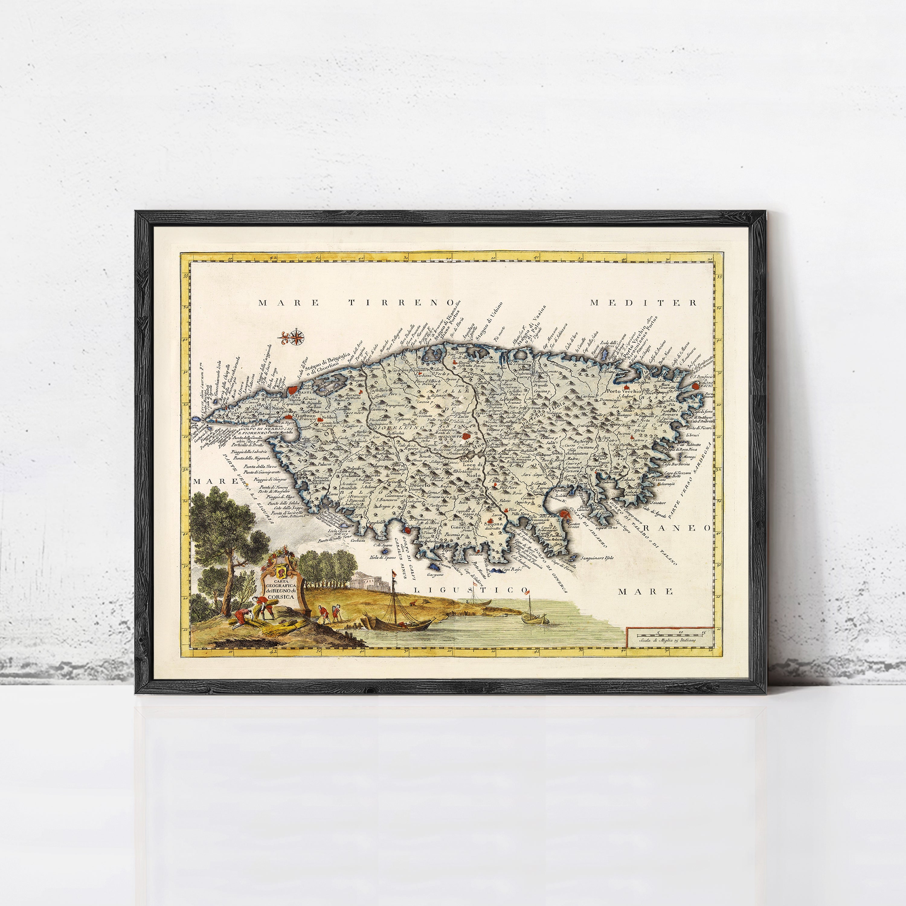 The image is a framed vintage map of the island of Tenerife, Spain, with a detailed illustration of the landscape and surrounding areas.