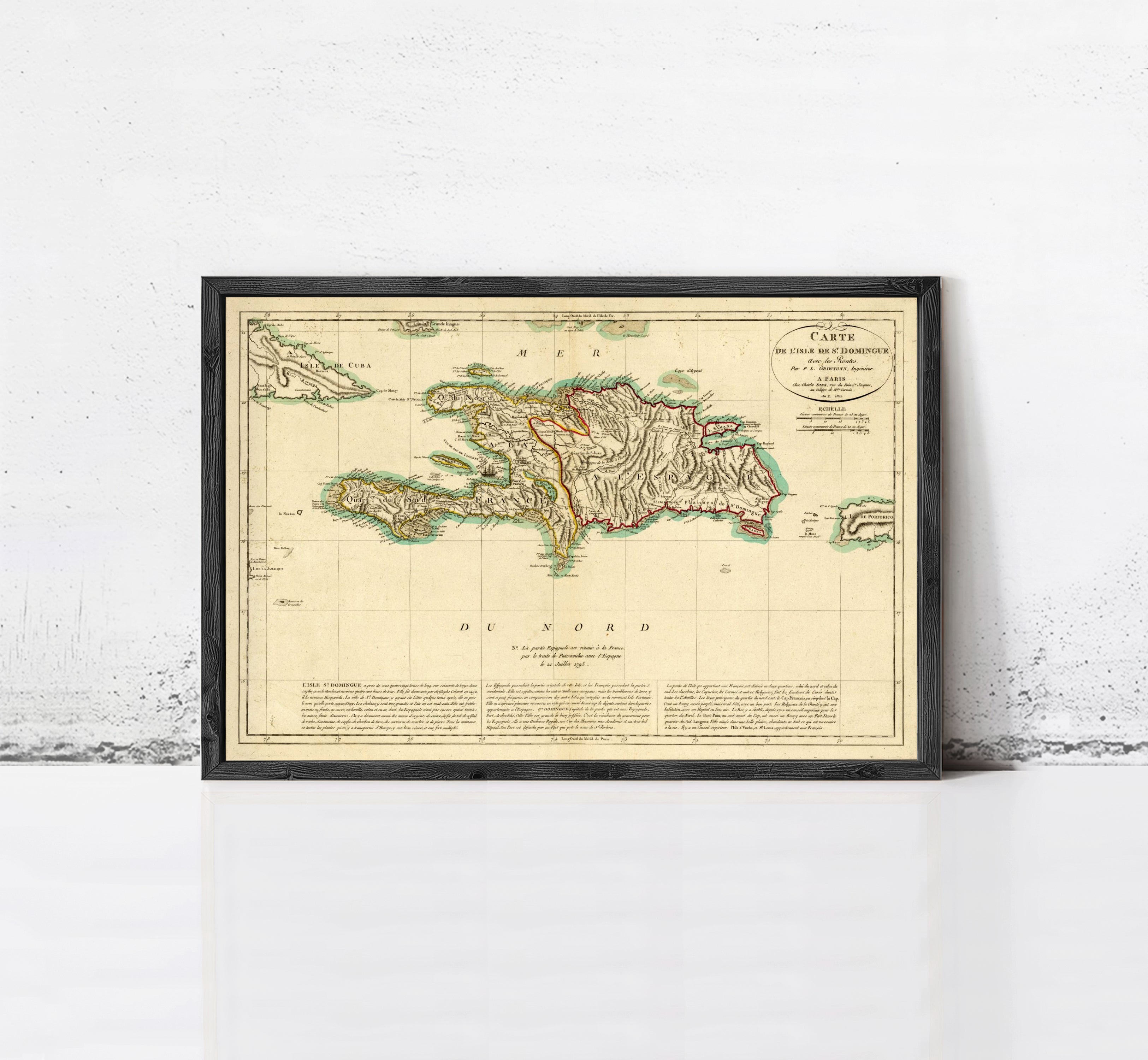 The image is a framed vintage map of the Caribbean region, depicting the island of Cuba.