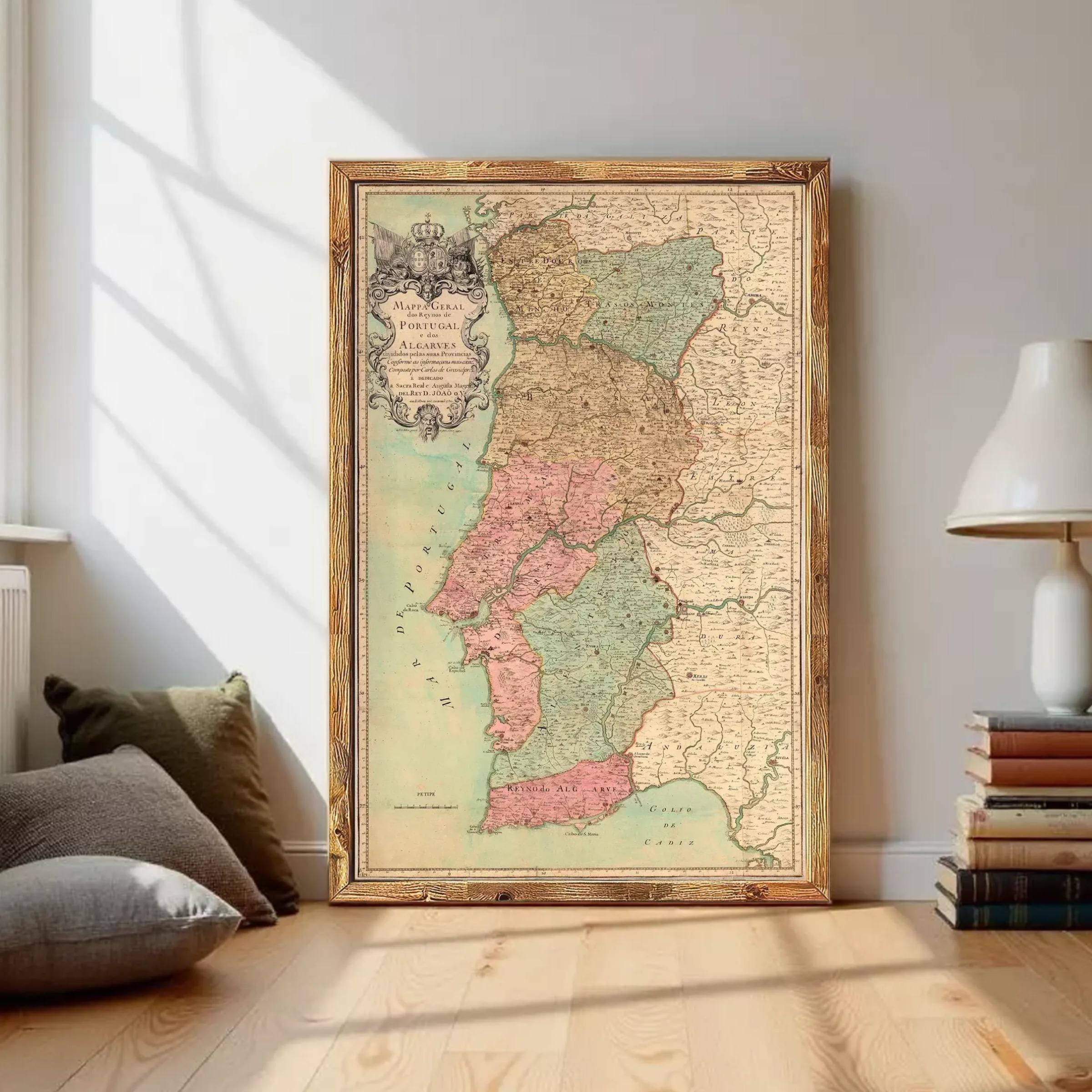 The image is a framed map of Portugal, showing the different regions and their geographical features.