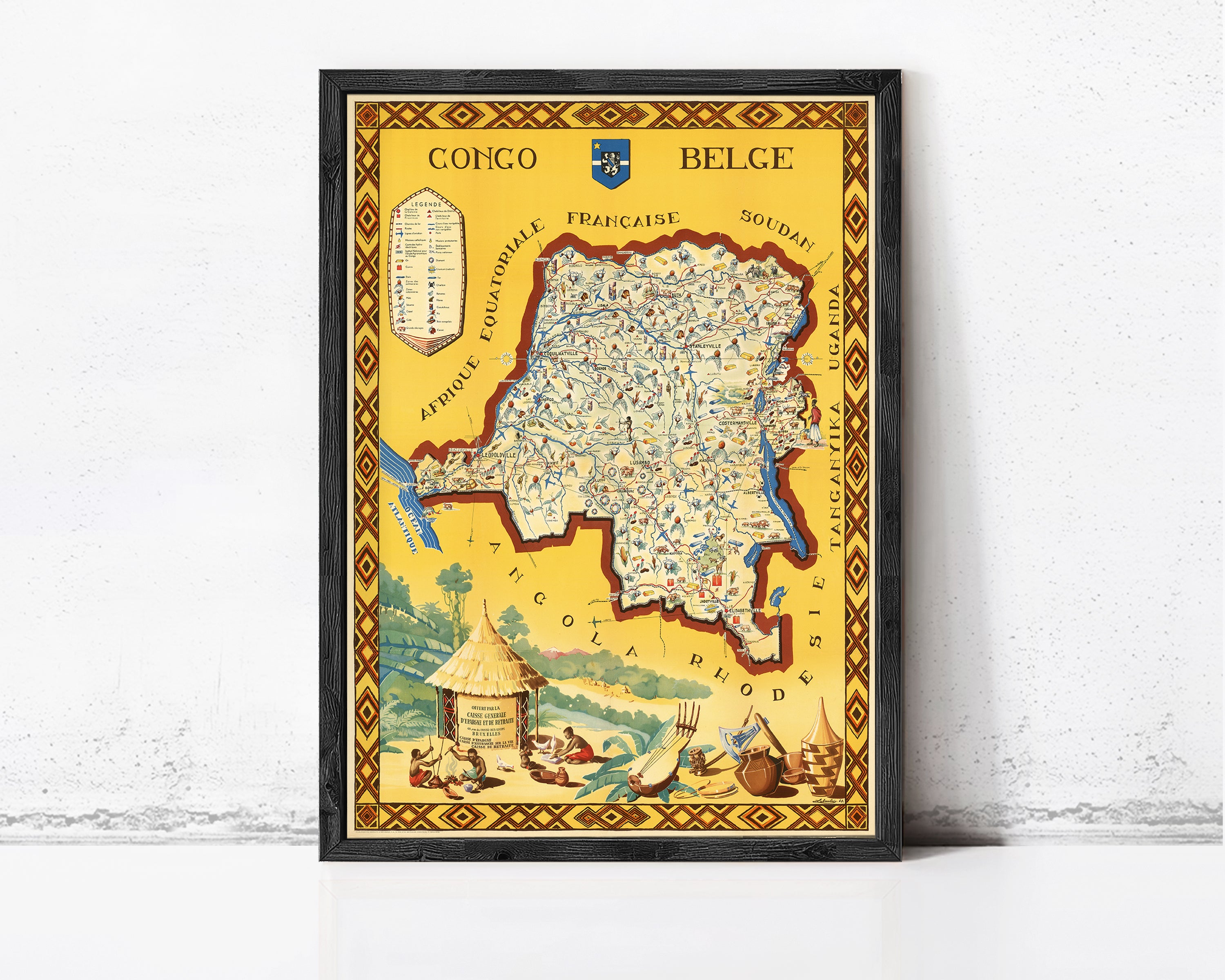 The image is a framed map of the Congo, Belgium, France, and Soudan, with a yellow and red color scheme.