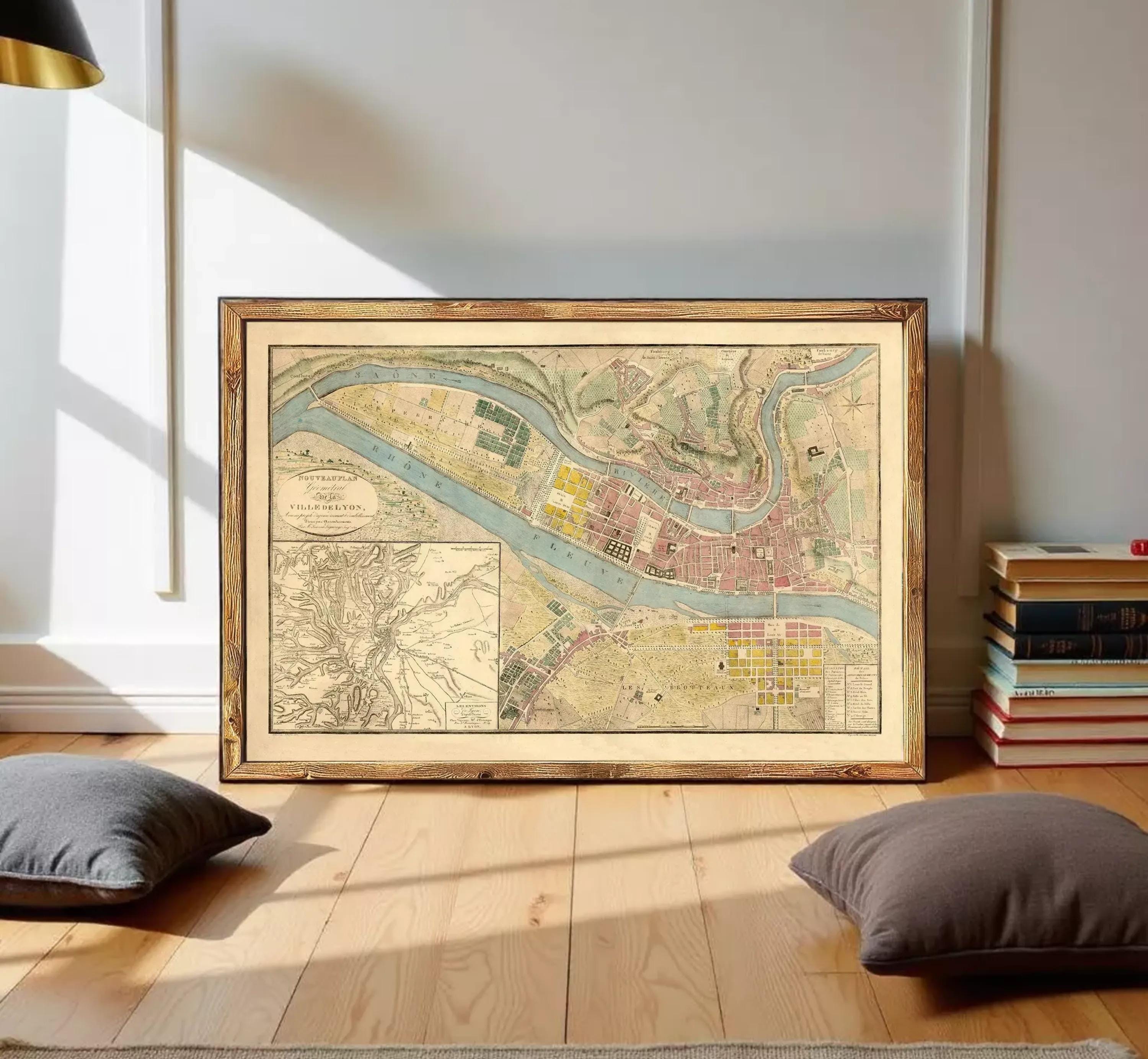 The image is a framed antique map of a city, likely from the 19th century, depicting a detailed layout of the city's streets, buildings, and surrounding areas.