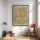 The image is a framed map with various illustrations and symbols, including people, animals, and landmarks, all depicted in a detailed and intricate manner.