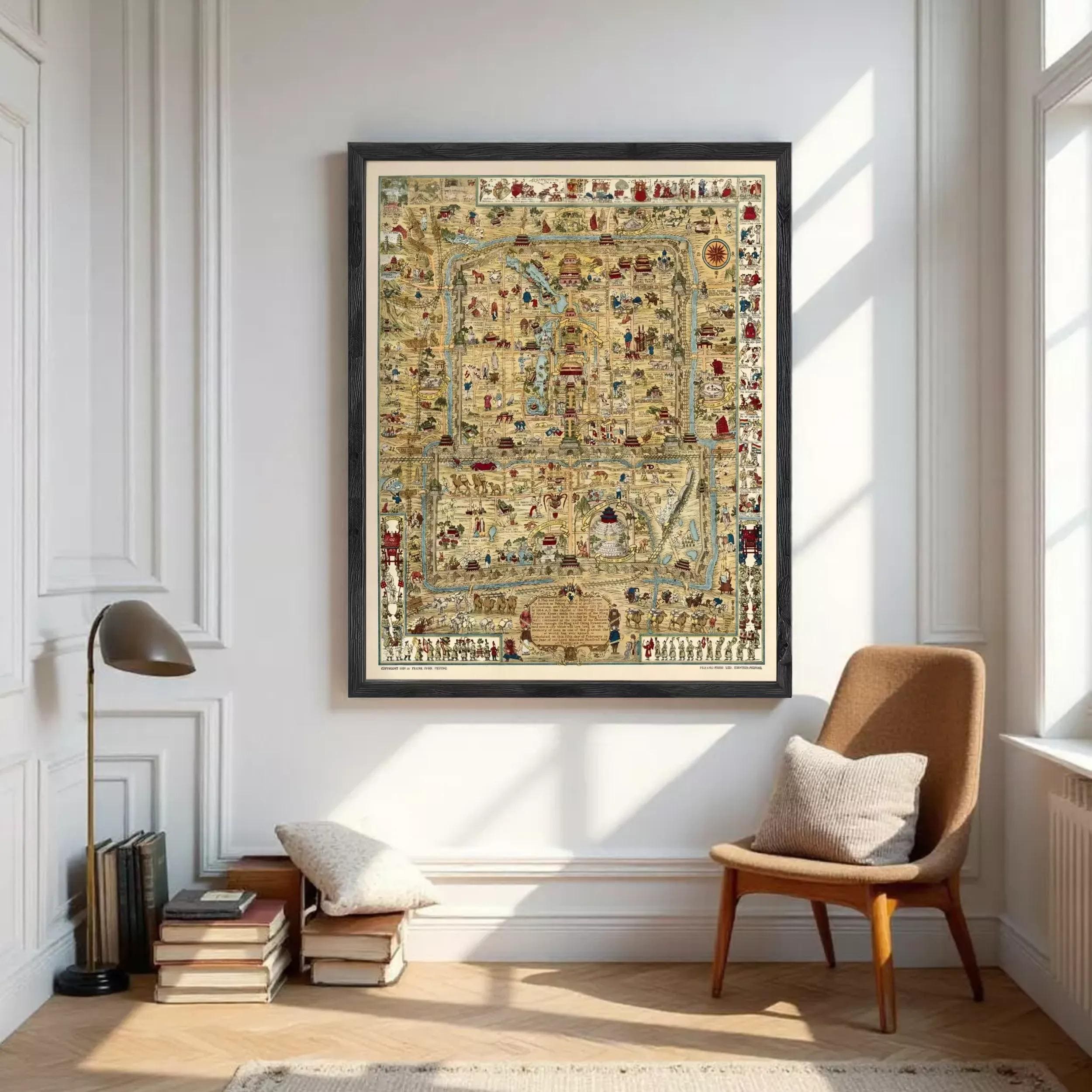 The image is a framed map with various illustrations and symbols, including people, animals, and landmarks, all depicted in a detailed and intricate manner.