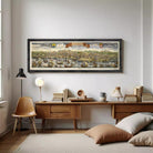 The image is a framed painting depicting a cityscape with boats and ships in the water.
