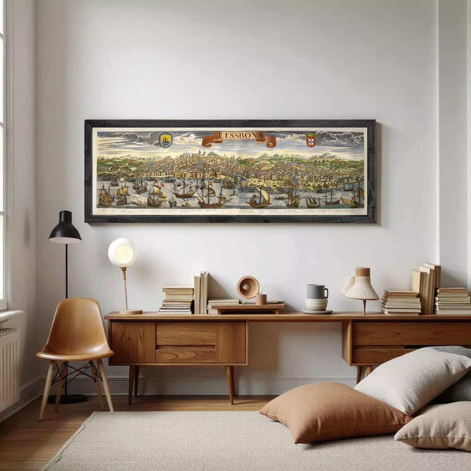 The image is a framed painting depicting a cityscape with boats and ships in the water.
