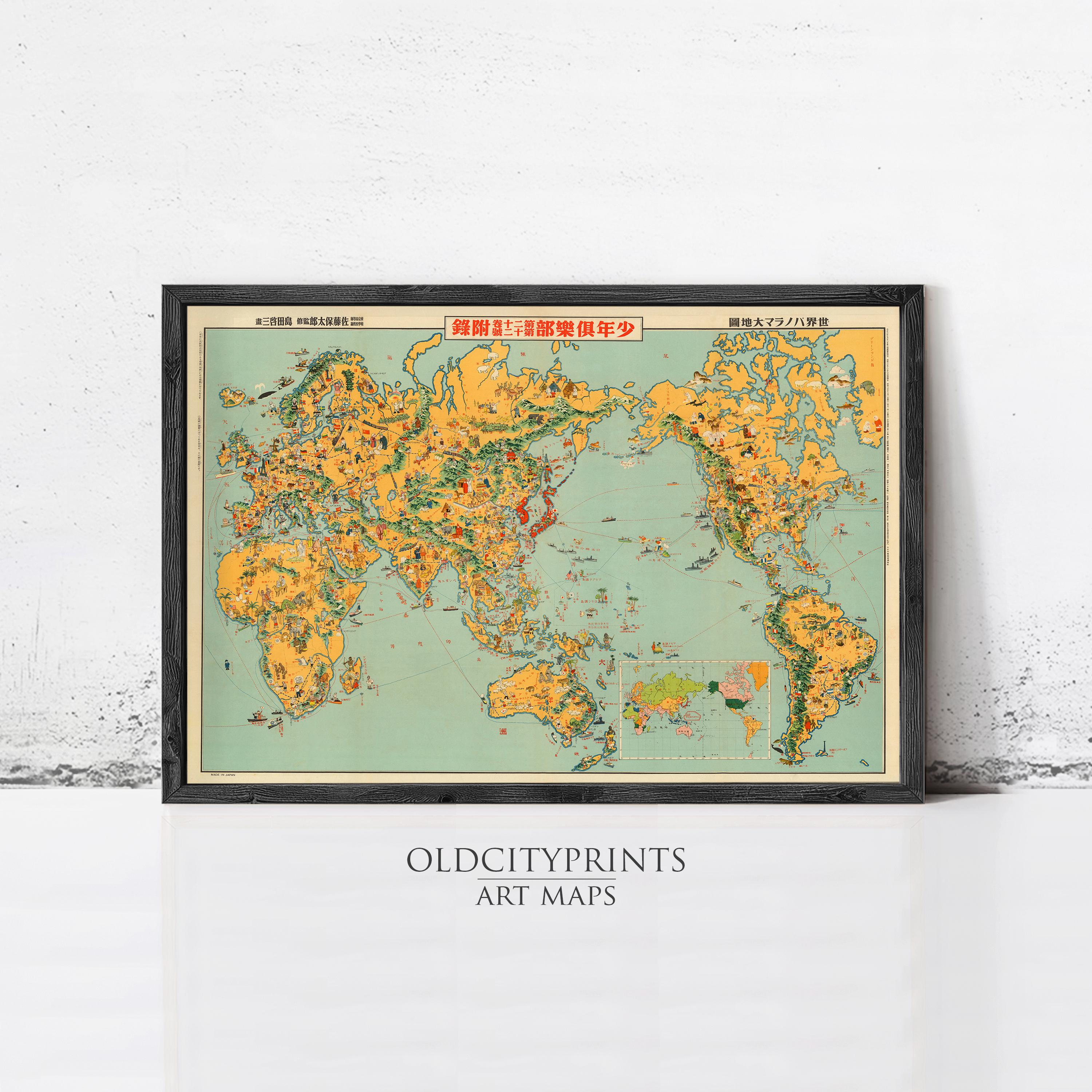 The image is a framed vintage world map with a light green background and various colored regions.