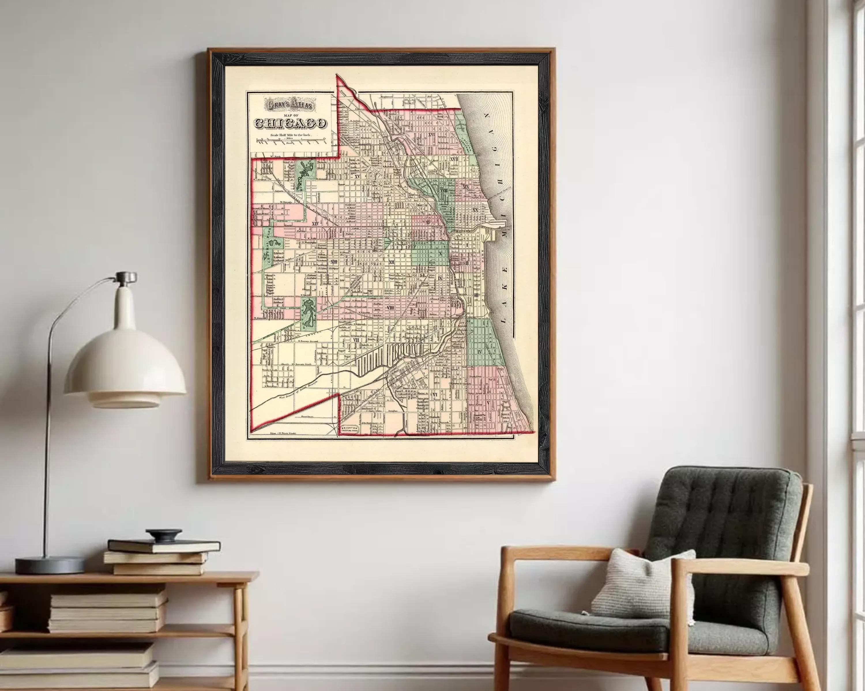 A framed map of Chicago, Illinois, with a vintage style and a color palette of red, green, and beige.