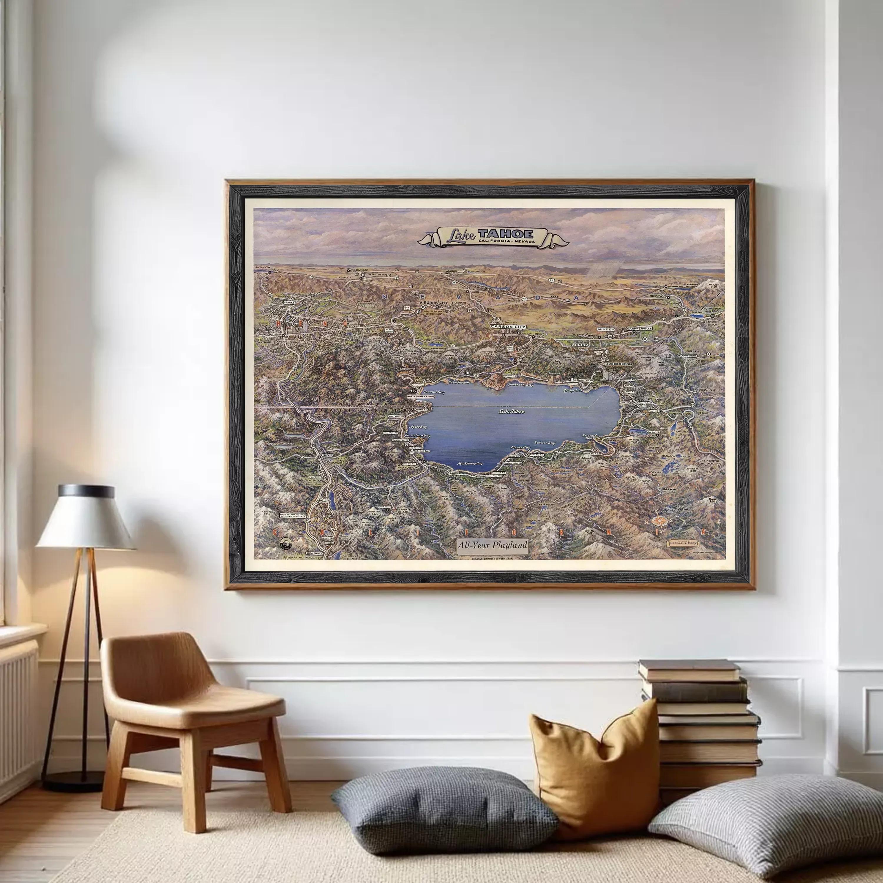 The image is a framed map of Lake Tana, depicting the surrounding landscape and the lake itself.