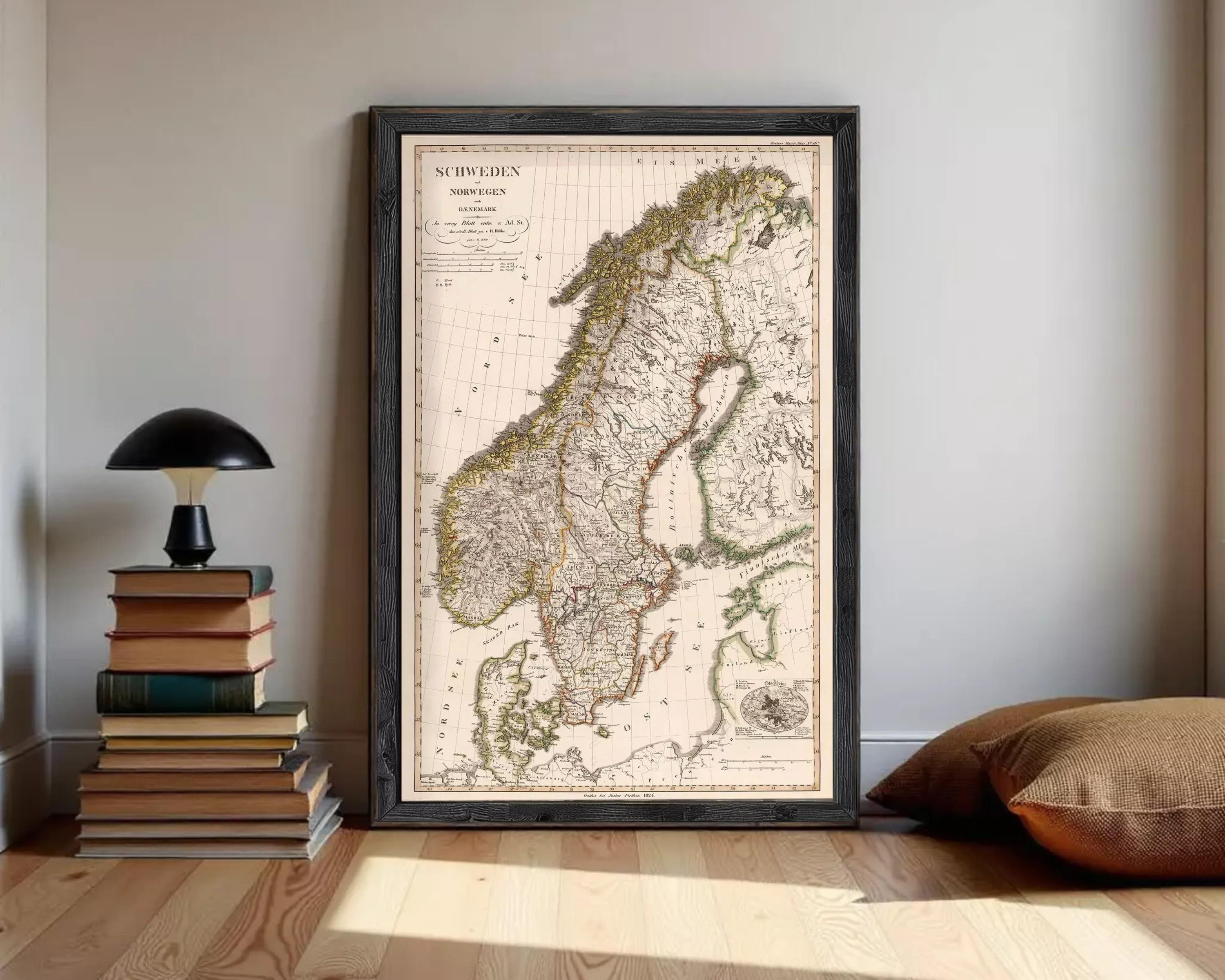The image is a framed map of Europe, specifically focusing on the Scandinavian region.