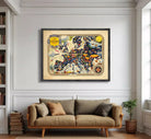 The image is a framed vintage map of Europe, featuring various landmarks, symbols, and illustrations.