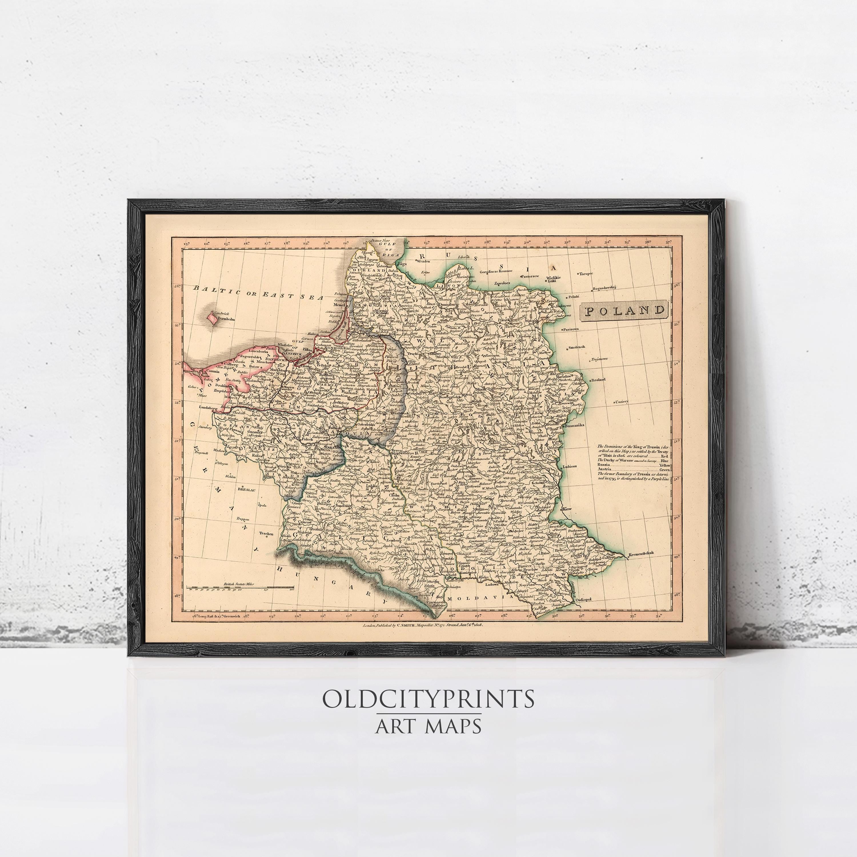 The image is a framed antique map of Poland, depicting the country's geographical layout and boundaries.