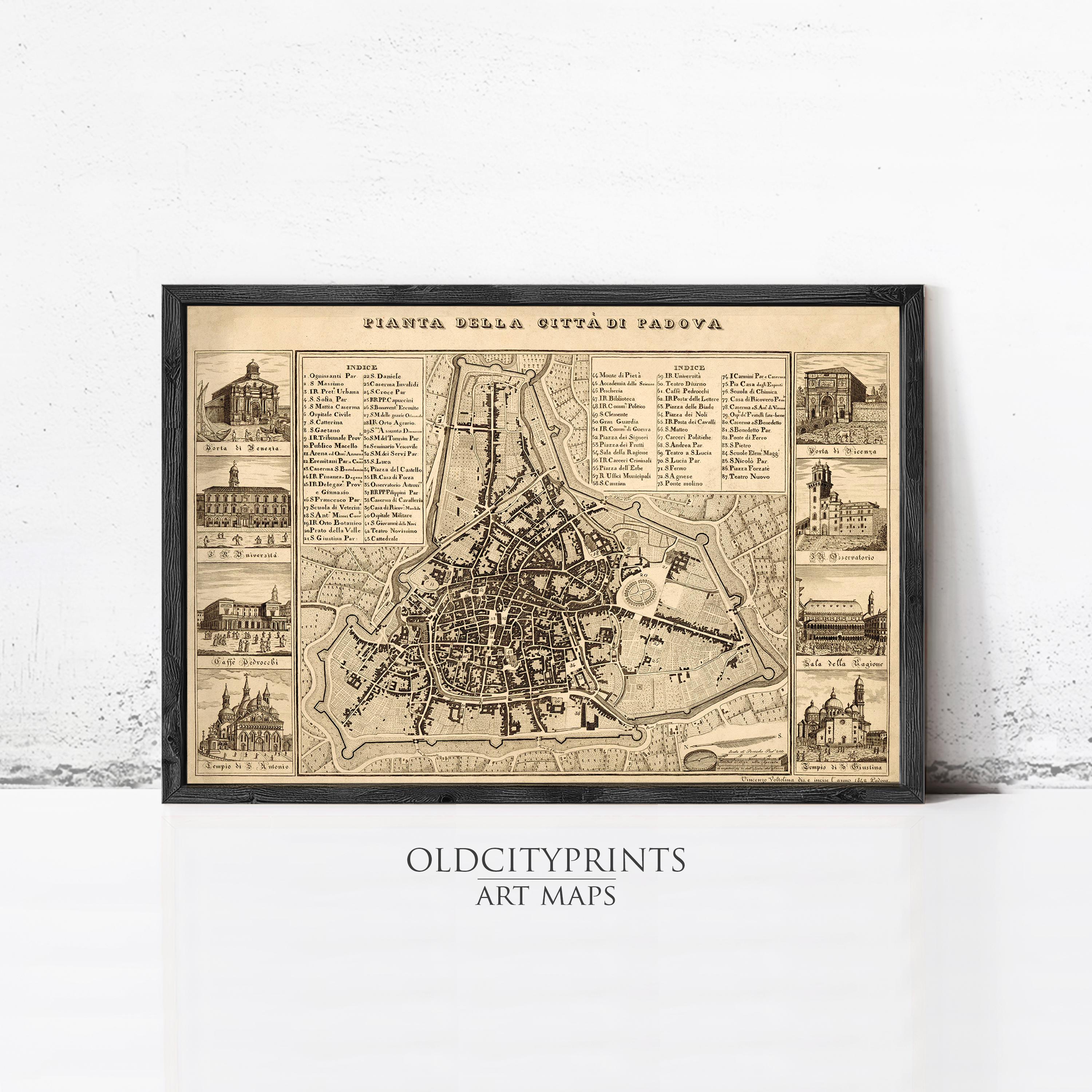 The image is a framed antique map of a city, likely Venice, Italy, with various landmarks and buildings depicted.