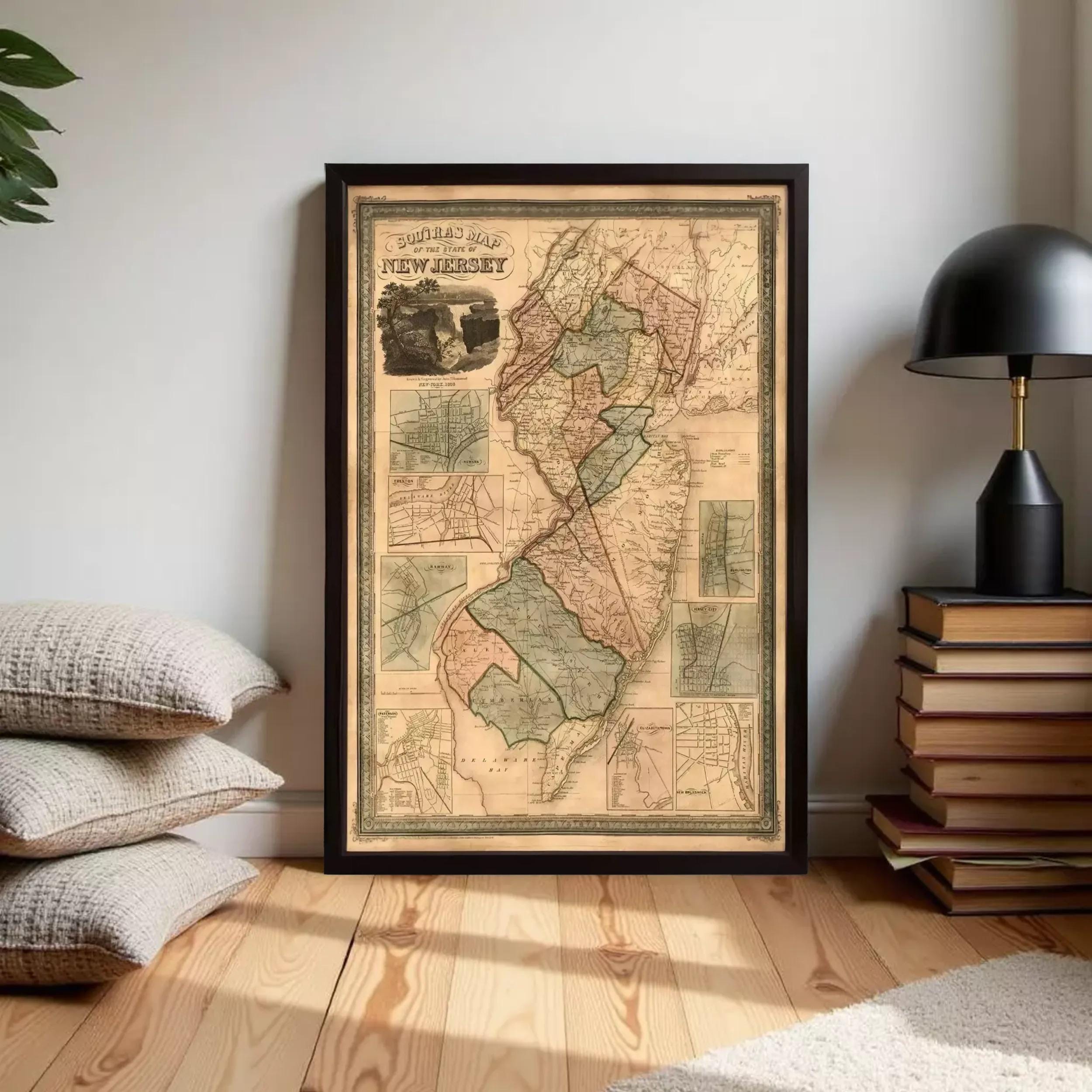 a framed map of New Jersey, with a lamp and a stack of books visible in the background.