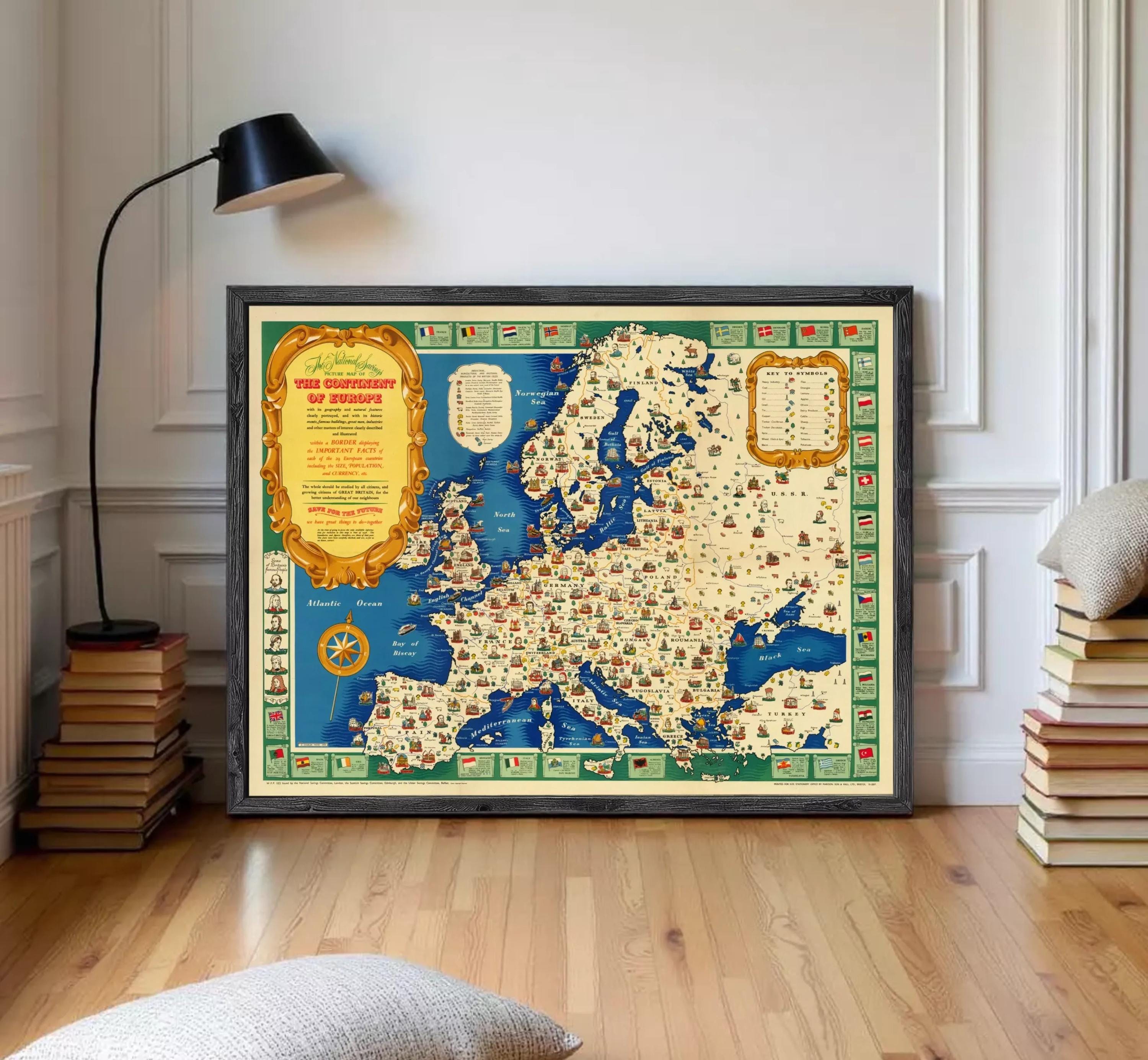 The image is a framed map of Europe, featuring various landmarks and countries across the continent.
