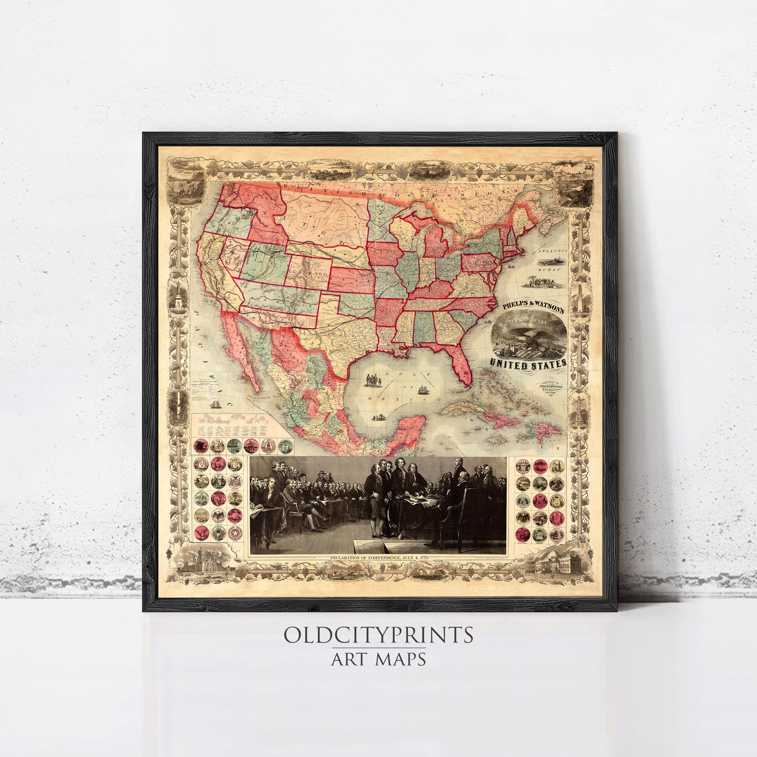 The image is a framed vintage map of the United States, with a black and white photograph of a group of people in the bottom right corner.