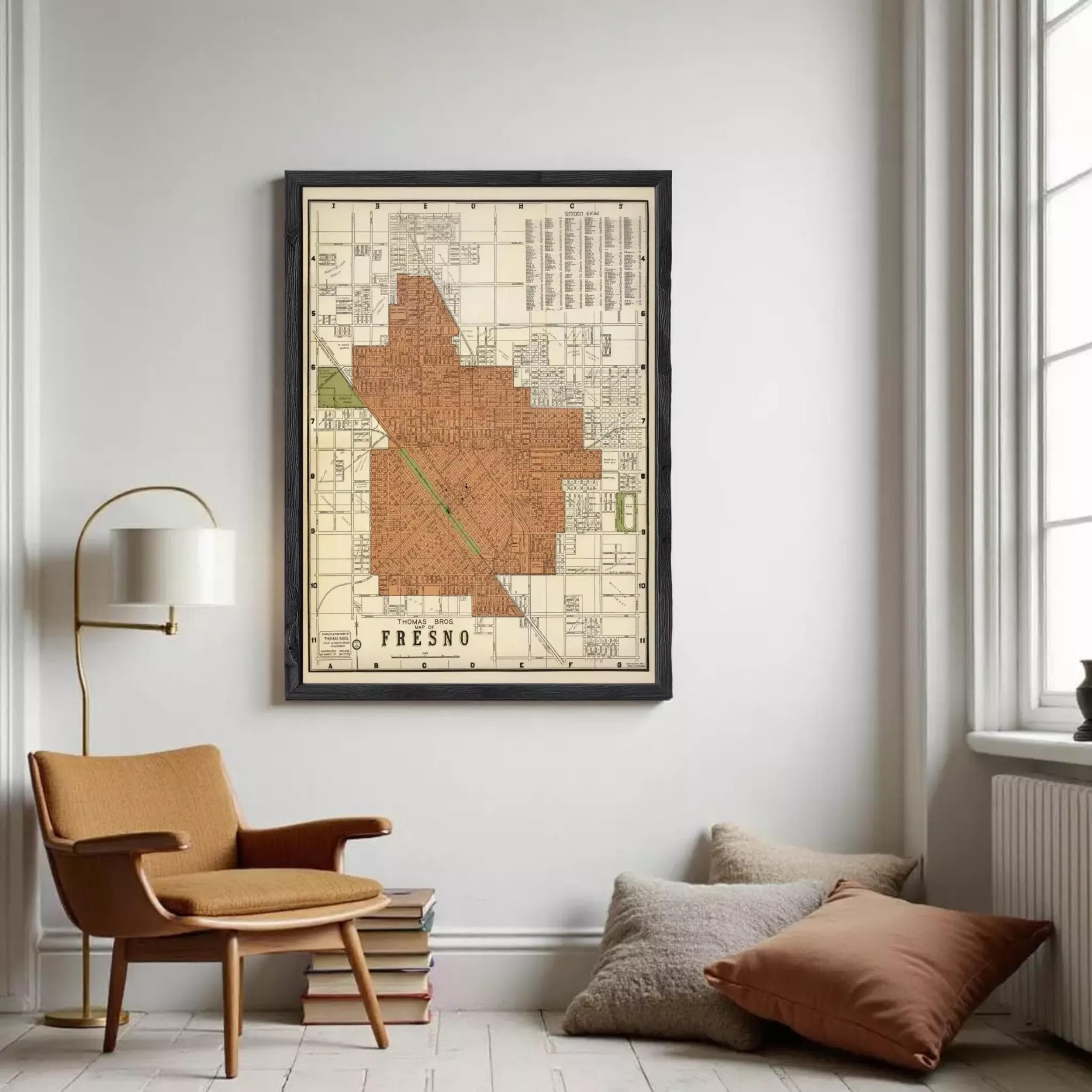 The image is a framed map of the city of Fresno, California.