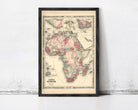 The image is a framed vintage map of Africa, depicting the continent in a detailed and colorful manner.