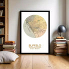 A framed map of Buffalo, New York, with the city's location and surrounding area depicted.