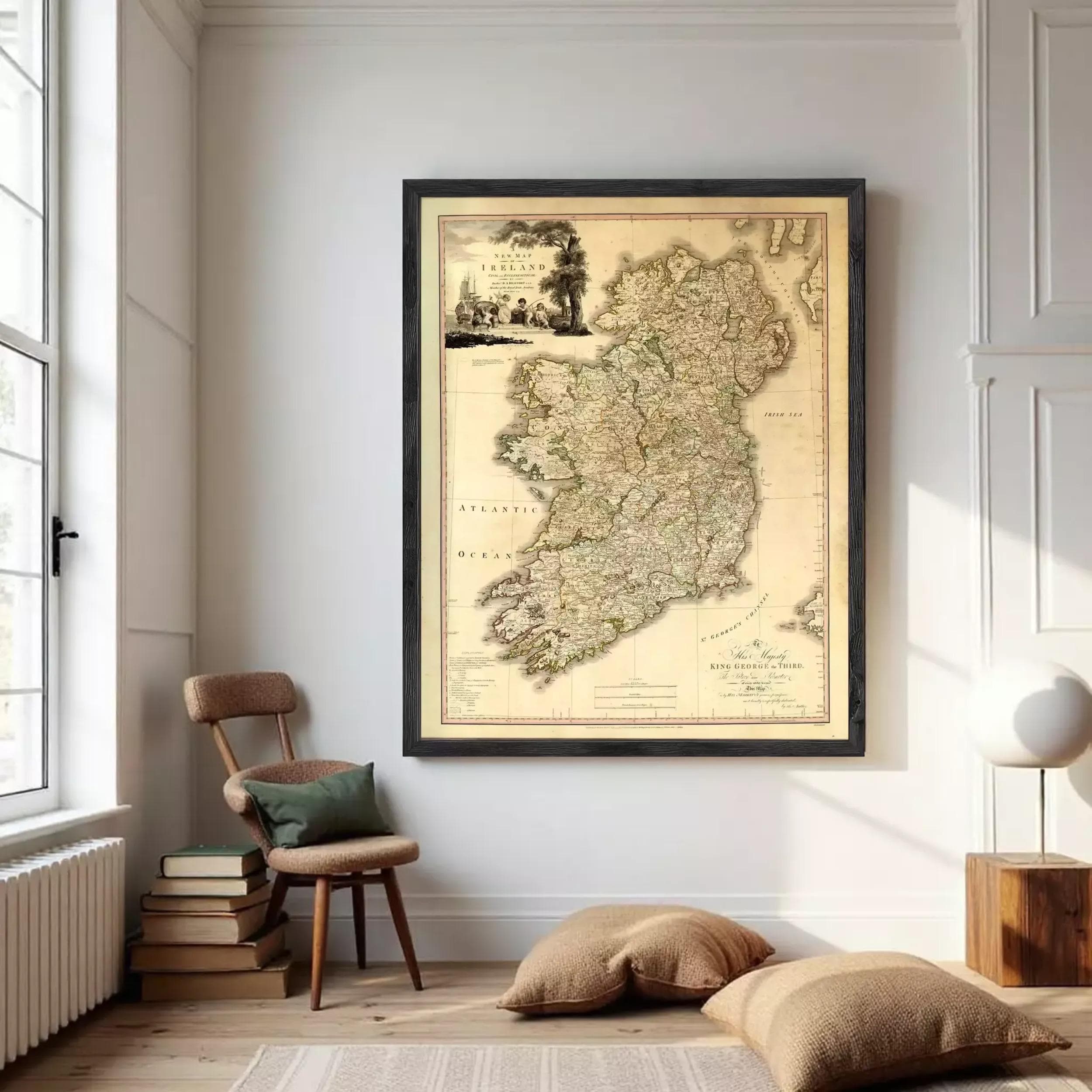 The image is a framed map of Ireland, depicting the country's geographical layout and surrounding areas.