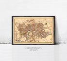 A framed antique map of London, England, dating back to the 16th century.