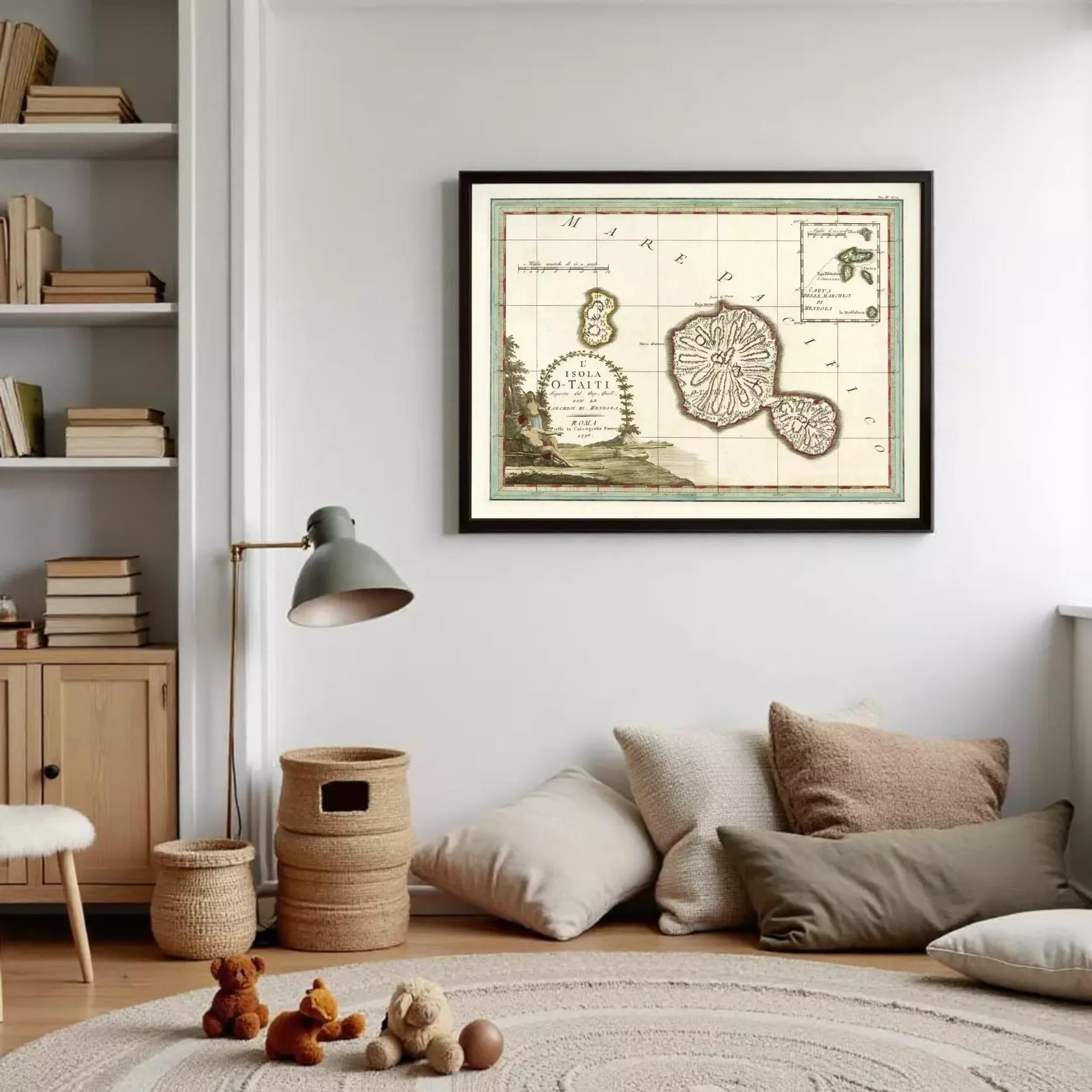 a cozy living room with a large framed map of the island of Oahu hanging on the wall. The room is decorated with various items, including a lamp, a bookshelf, and a rug. There are also some stuffed animals on the floor, adding a playful touch to the space.