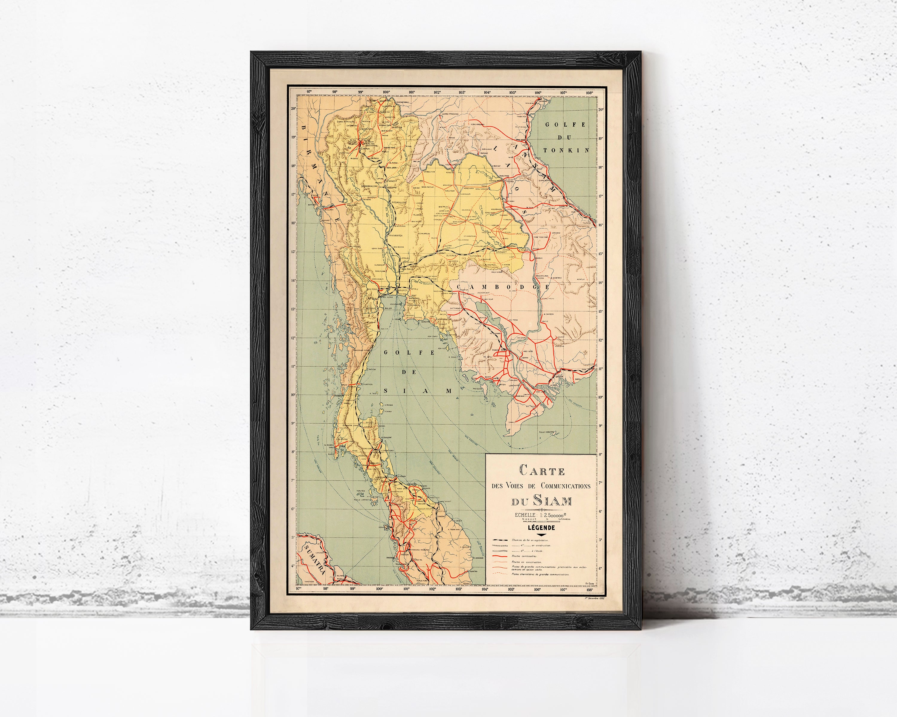 The image is a framed vintage map of Thailand, showing the country's geographical layout and boundaries.