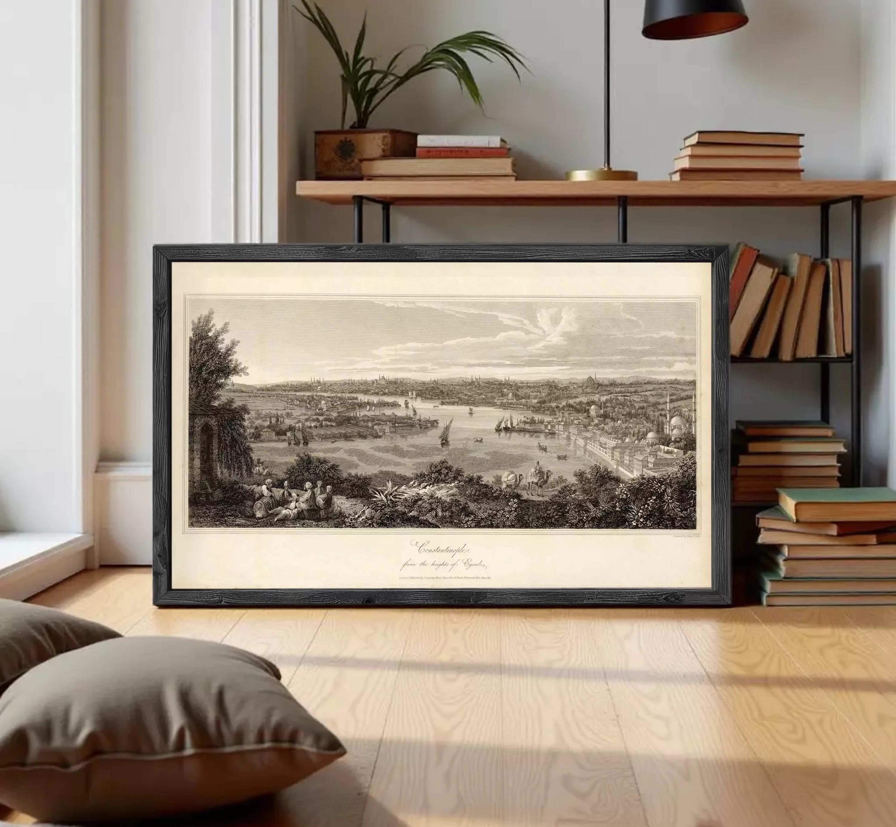 The image is a framed print depicting a cityscape with boats in the water, set against a cloudy sky.