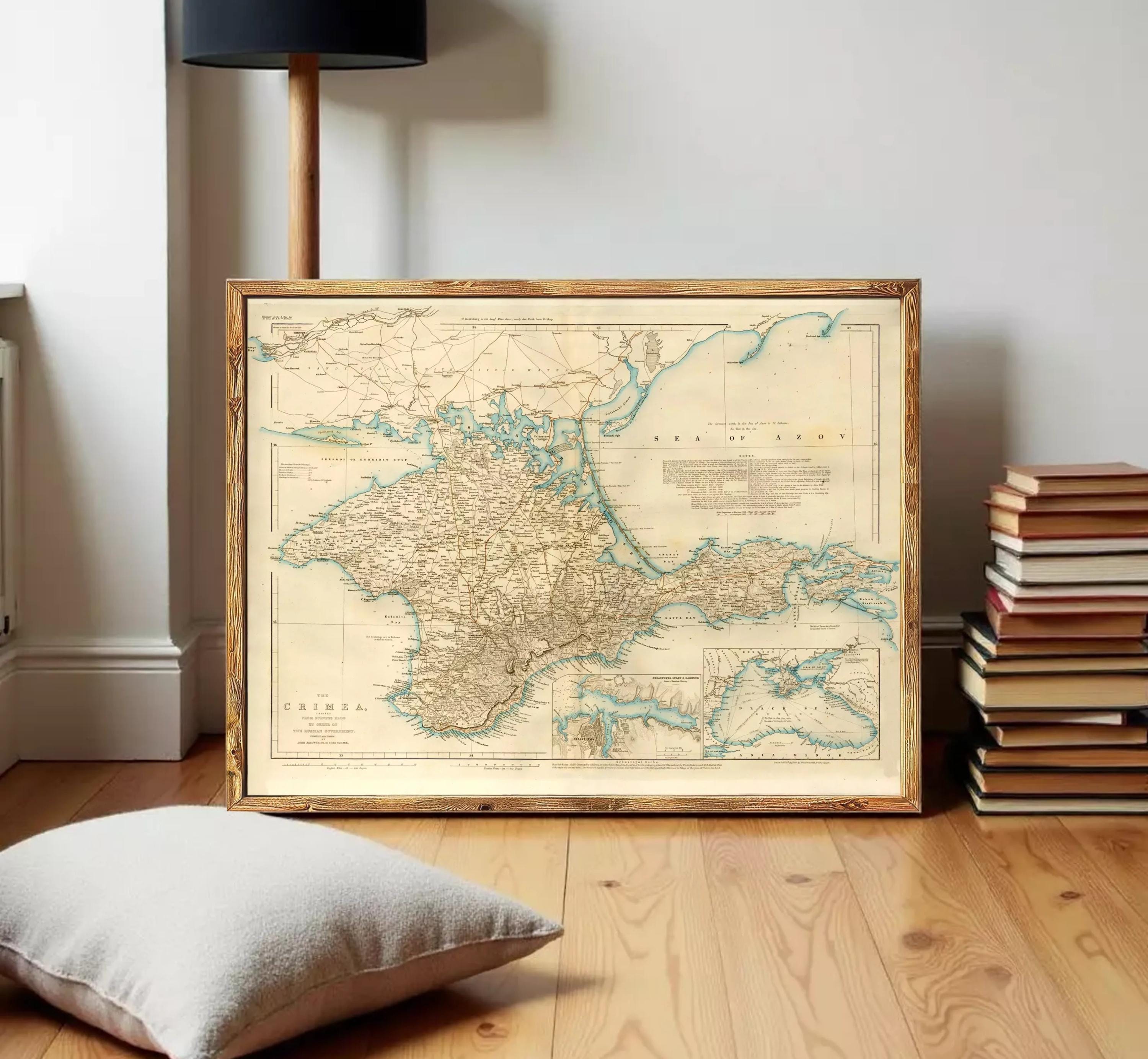 The image is a framed map of the region of Europe, Asia, and Africa, with a vintage appearance.