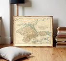 The image is a framed map of the region of Europe, Asia, and Africa, with a vintage appearance.