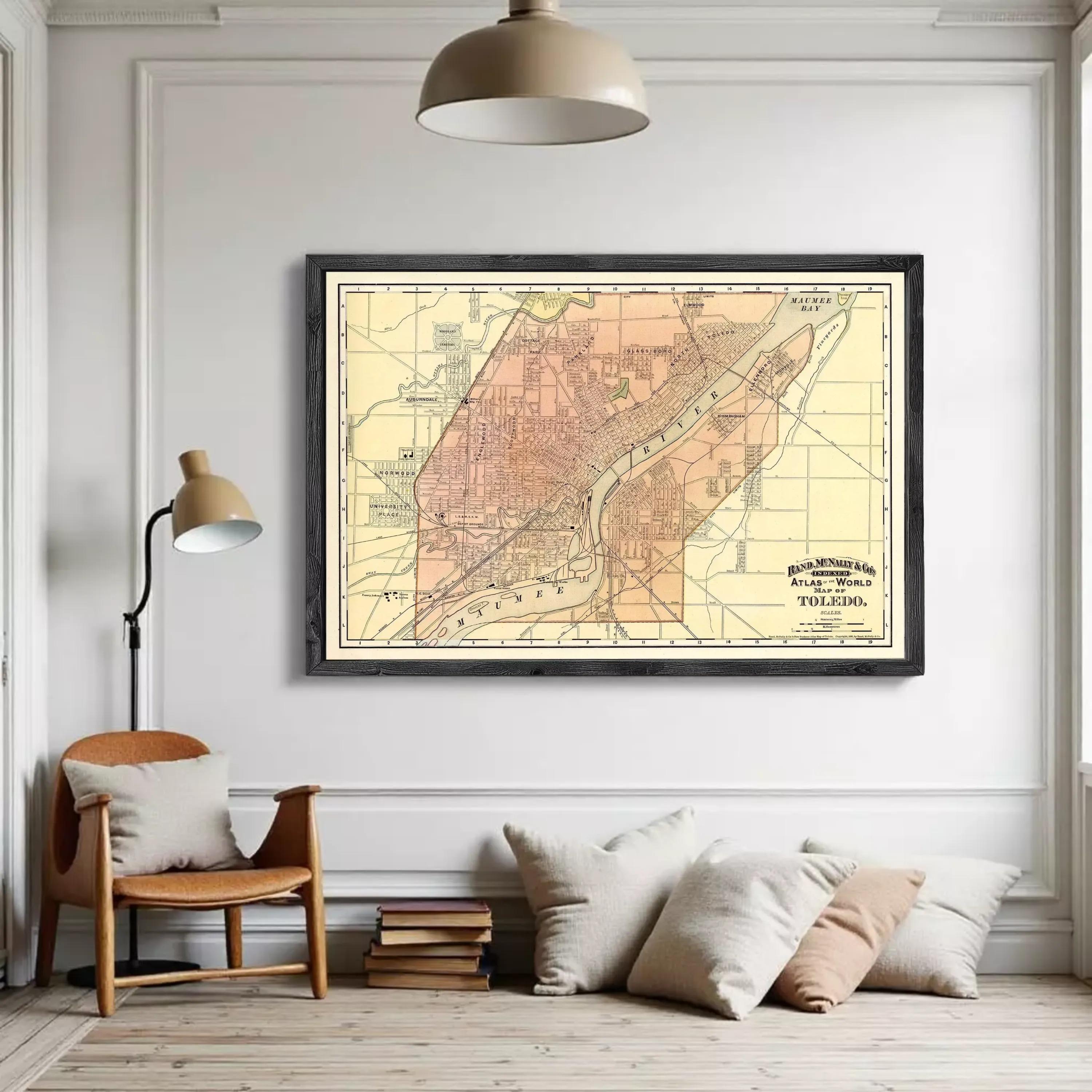 The image is a framed map of a city, likely Toledo, Ohio, with a vintage style.