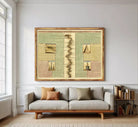 The image is a framed collage of various texts and illustrations, including a map and some small images, all set against a white wall.