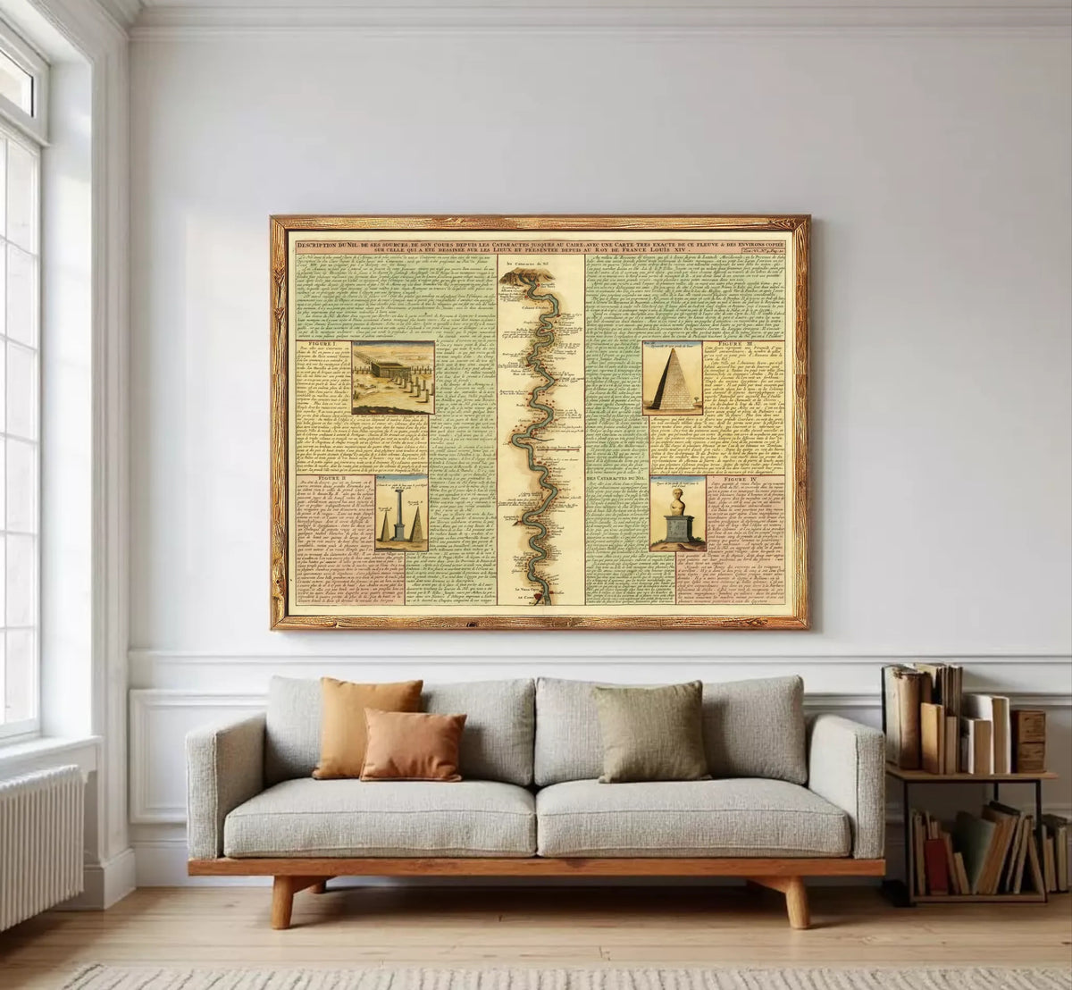 The image is a framed collage of various texts and illustrations, including a map and some small images, all set against a white wall.