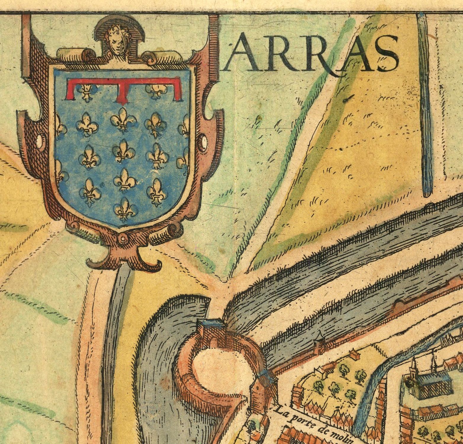 The image is a detailed map of a city, with various landmarks and streets depicted. The map is in color and features a coat of arms in the top left corner. The text "ARRAS" is prominently displayed, indicating the name of the city. The image is a collage of multiple images, and the text is not repetitive or overly descriptive.