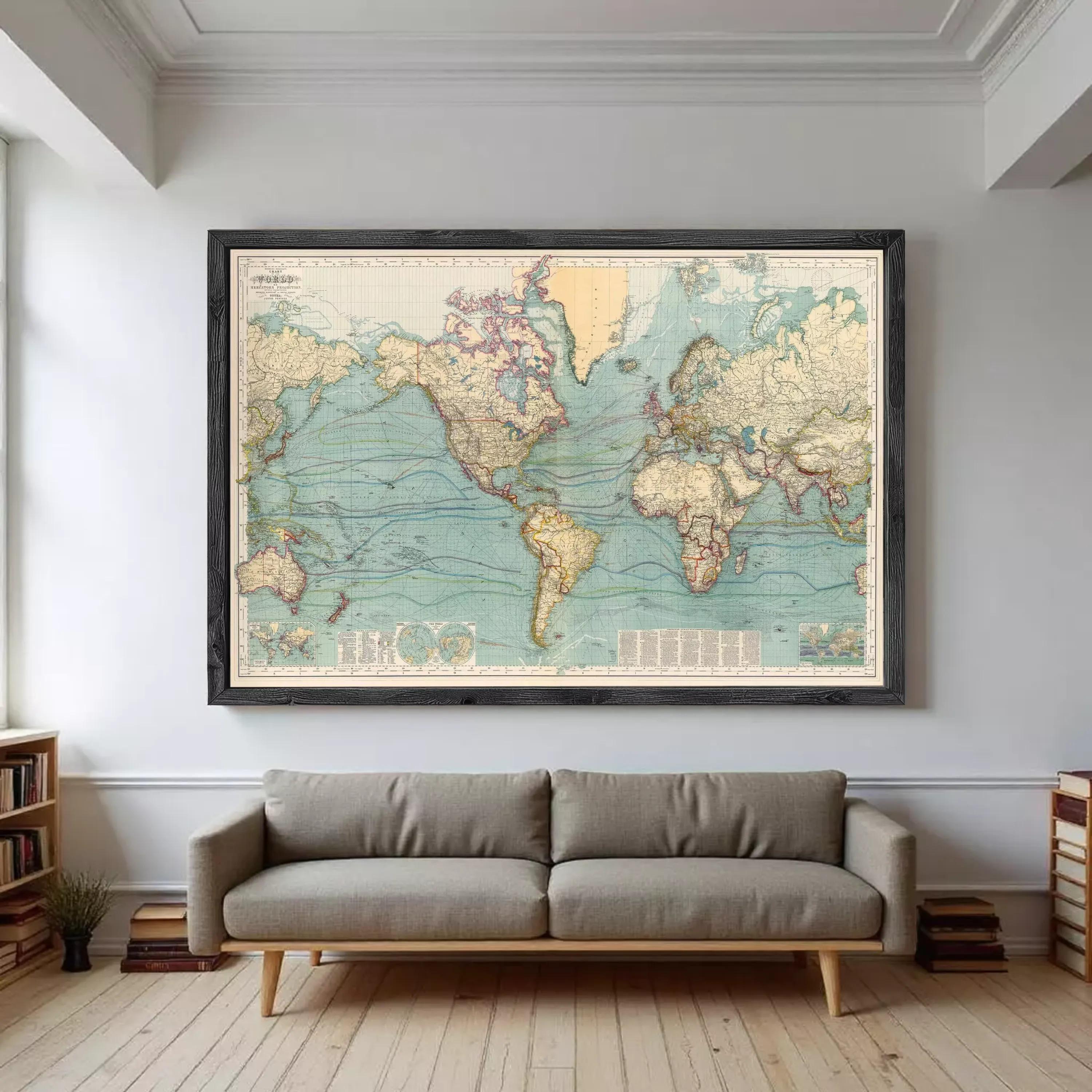 The image is a framed vintage map of the world, depicting the continents and oceans in a detailed and colorful manner.