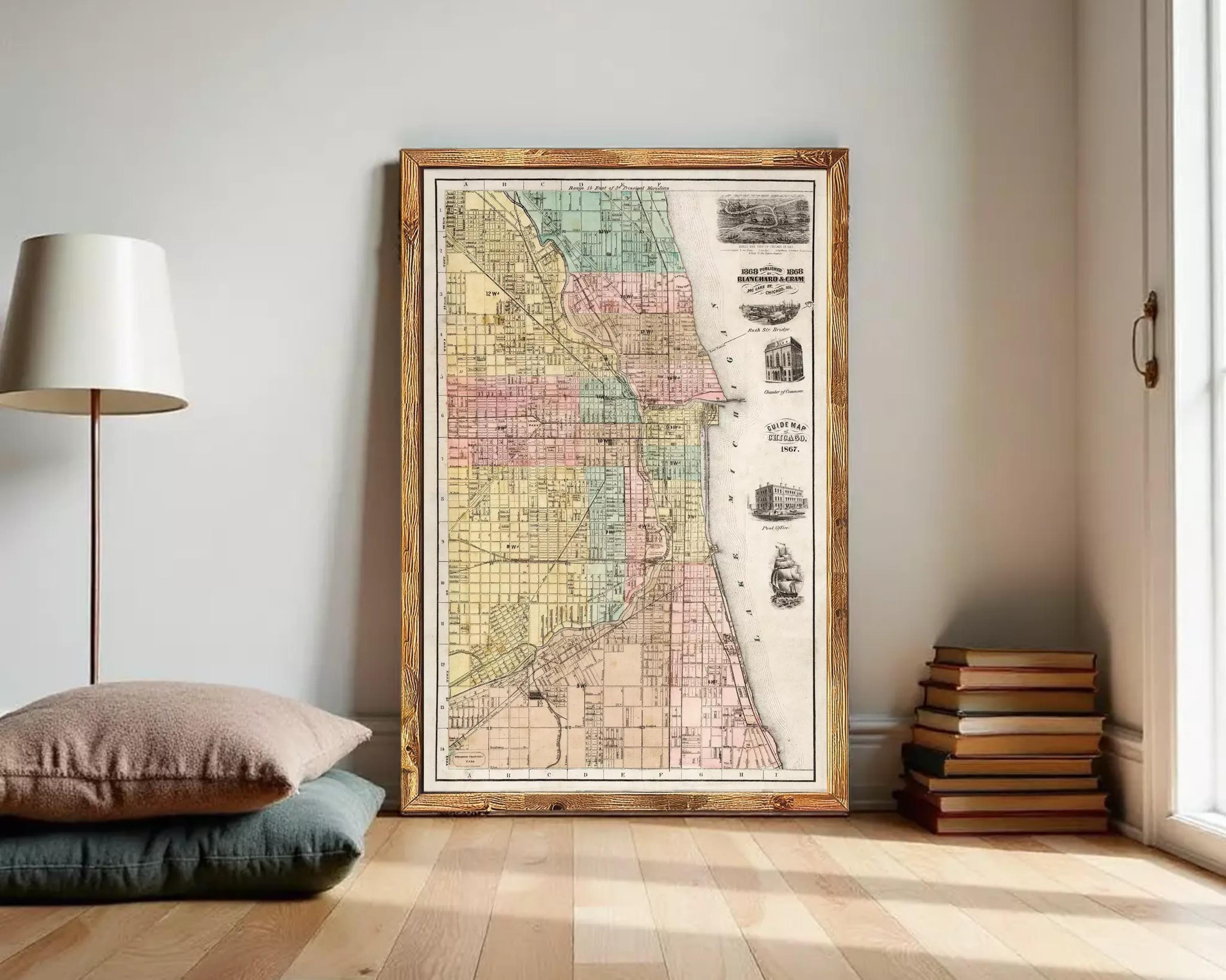 The image is a framed vintage map of a city, likely Chicago, with various landmarks and streets depicted.