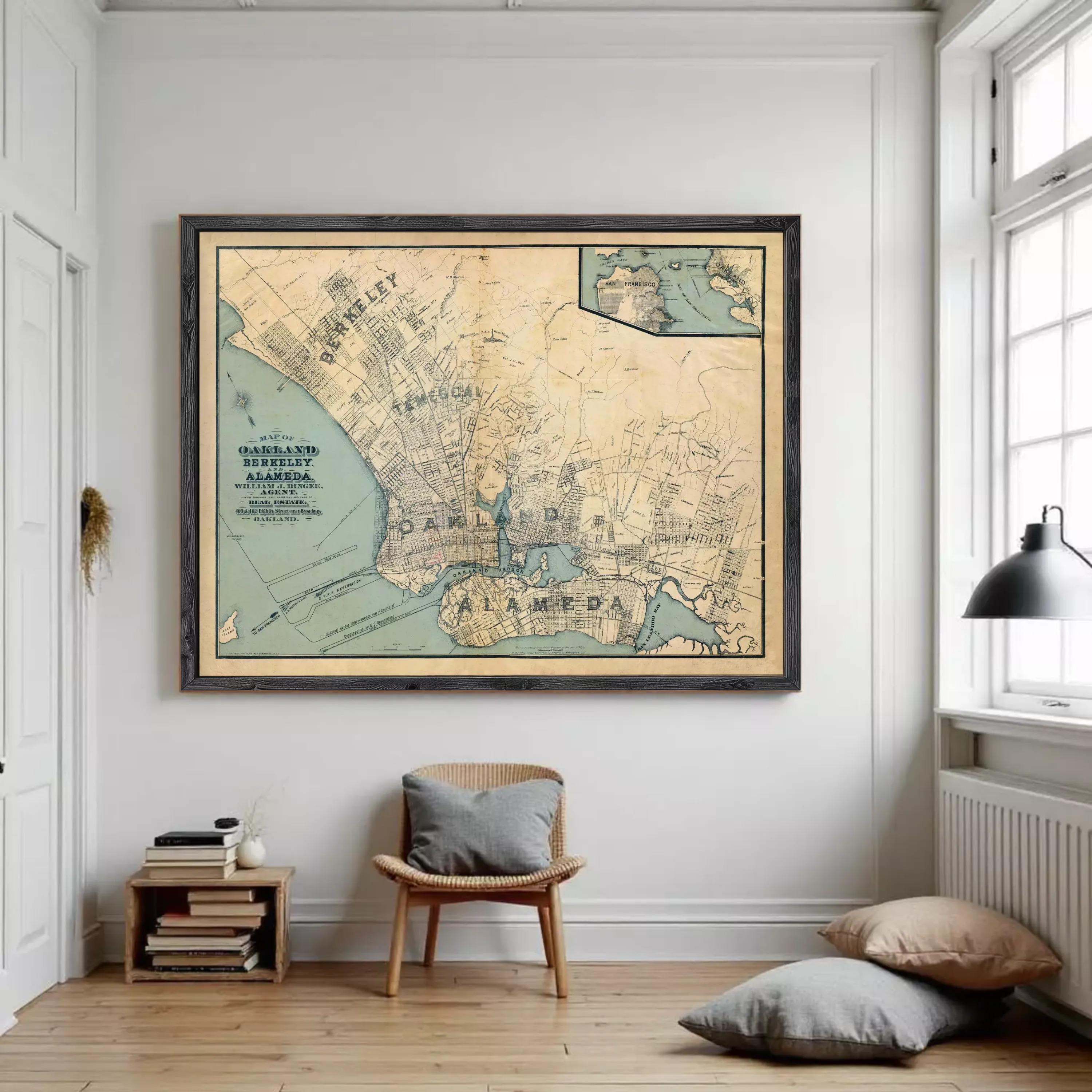 The image is a framed vintage map of Oakland, California, with a black border and a light blue background.