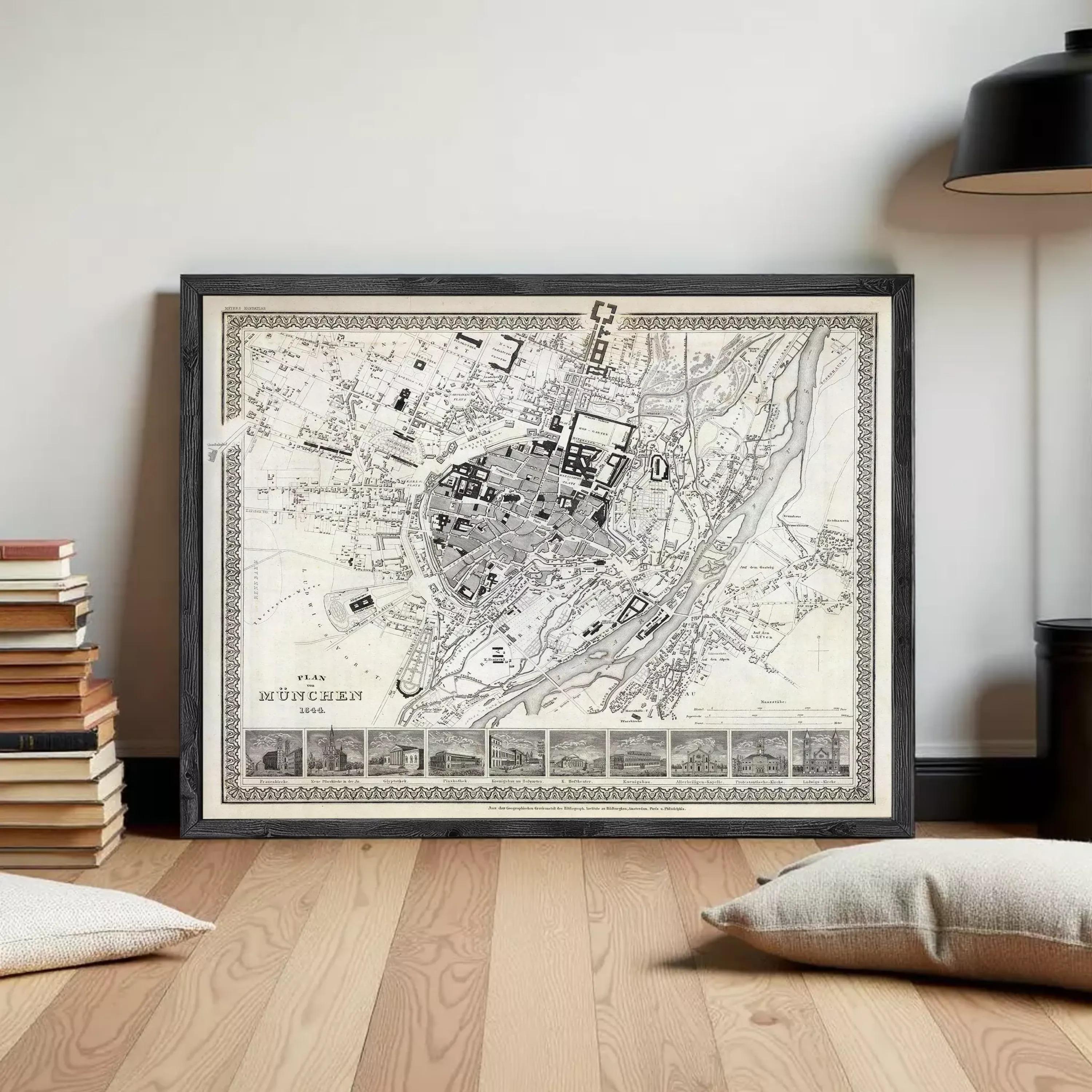 The image is a framed map of a city, likely from the 19th century, with a detailed layout and various landmarks.