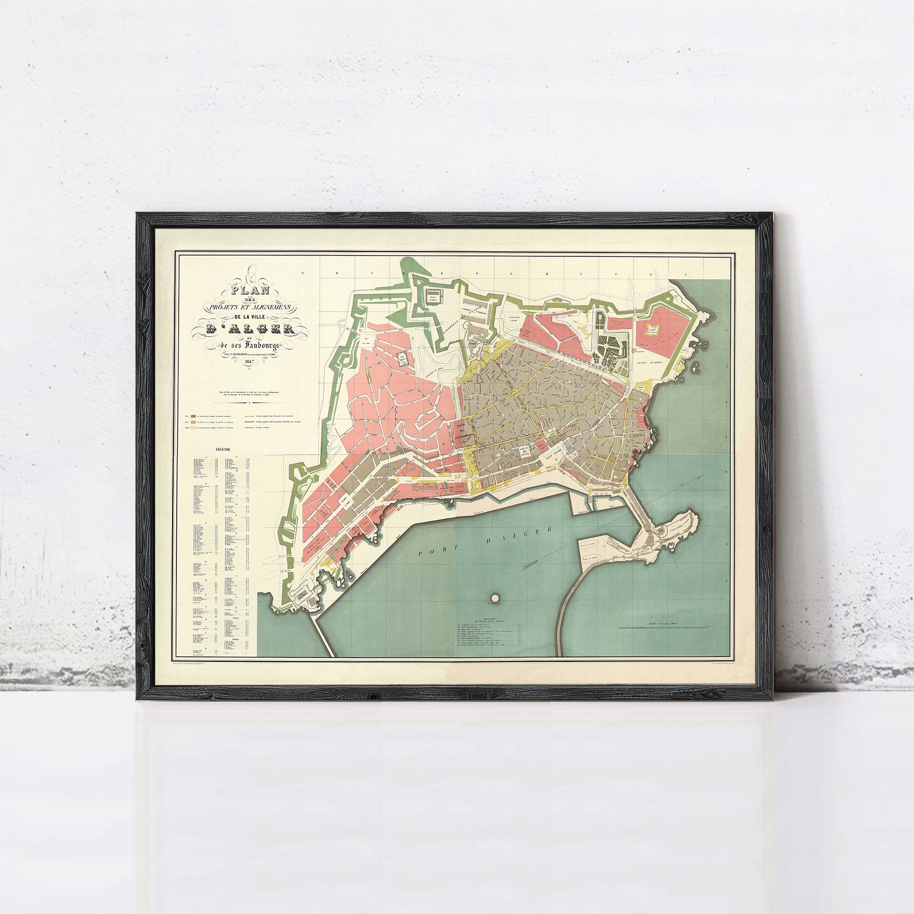 The image is a framed map of a city, likely Venice, with a detailed layout of streets, buildings, and surrounding areas.
