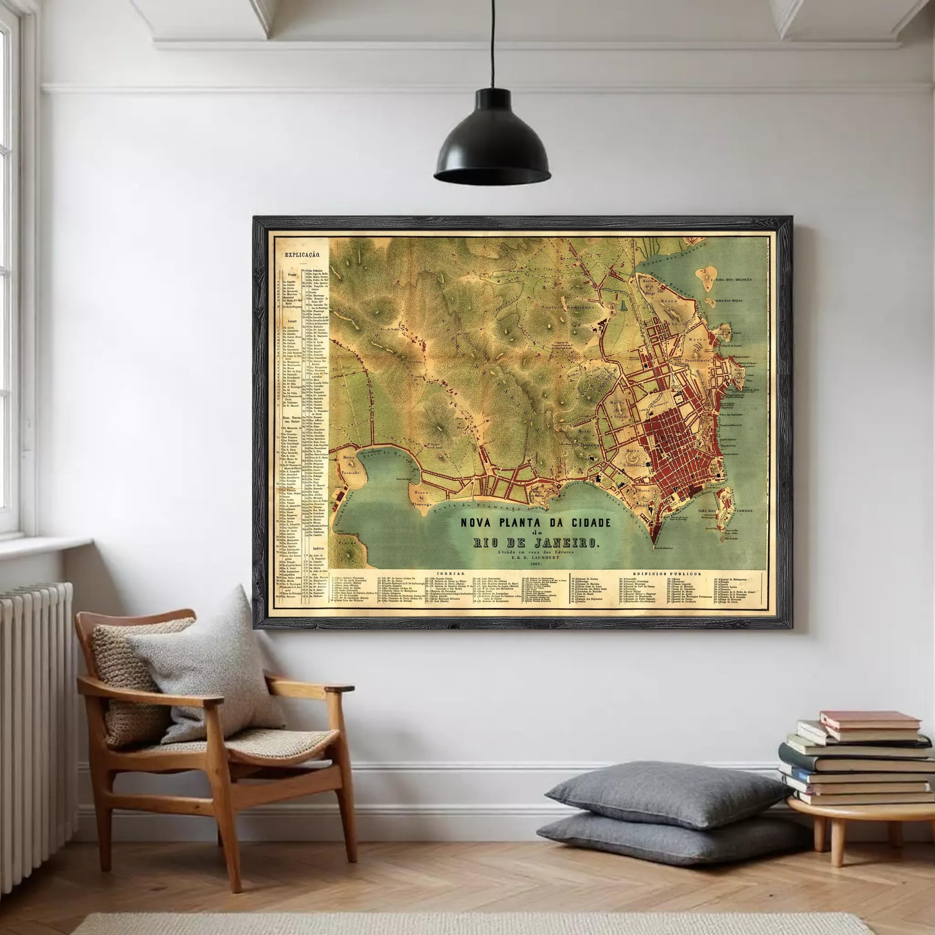 The image is a framed vintage map of Rio de Janeiro, Brazil, depicting the city's geographical layout and surrounding areas.