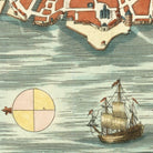 The image is a detailed illustration of a ship sailing on the water, with a cityscape visible in the background.