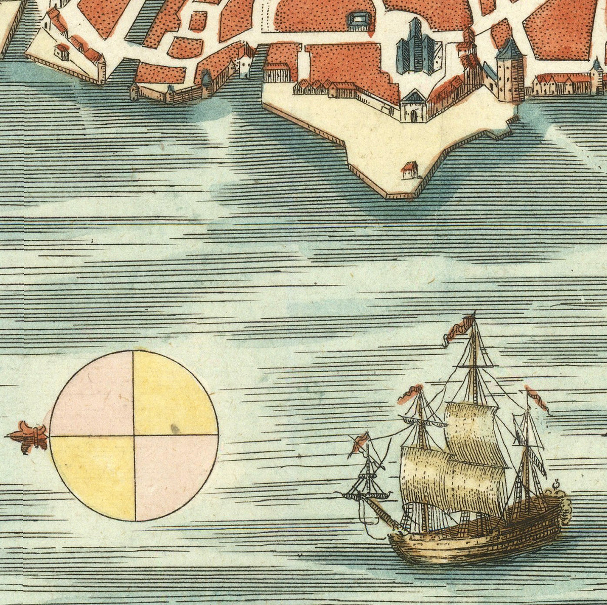 The image is a detailed illustration of a ship sailing on the water, with a cityscape visible in the background.